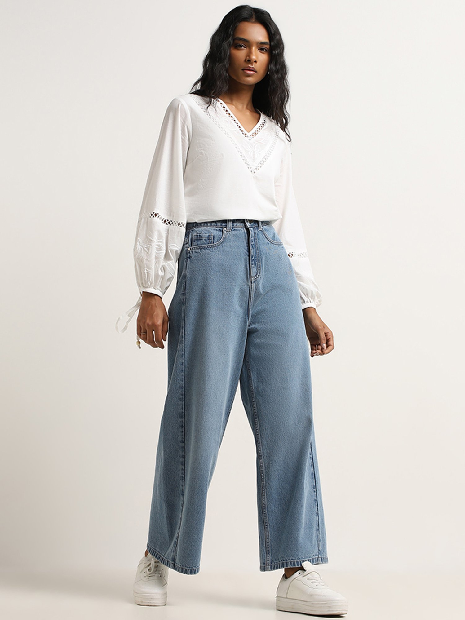 LOV by Westside White Floral Embroidered Blouse