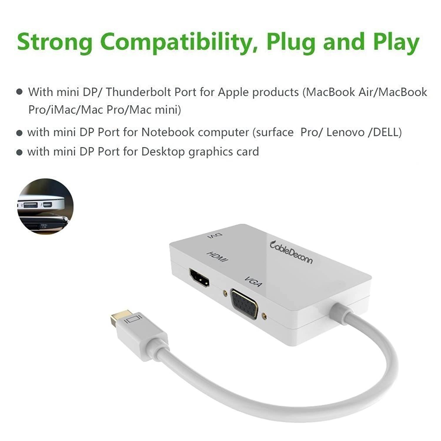 Mini DisplayPort to HDMI DVI VGA Cable, CableDeconn 3 in 1 Mini DP (Thunderbolt Port Compatible) to HDMI DVI VGA TV AV HDTV Adapter Converter for Apple Mac Book