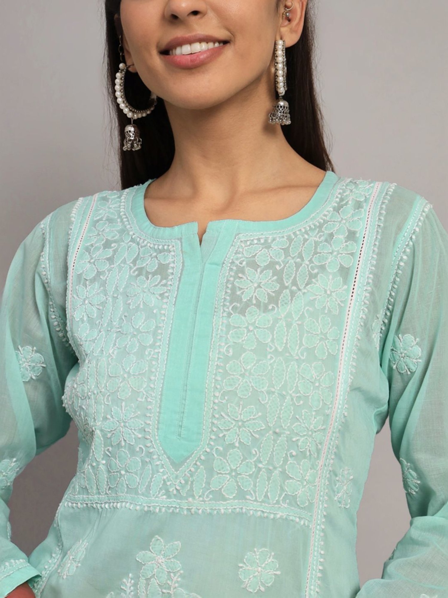 PARAMOUNT CHIKAN Sea Green Cotton Hand Embroidered Chikankari Straight Kurti