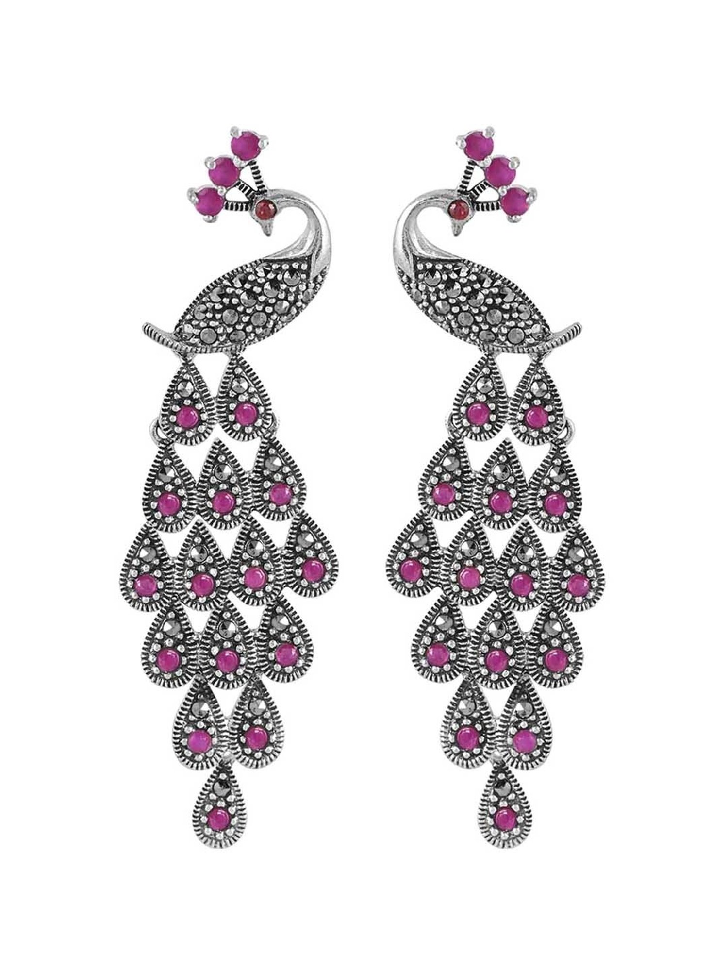 Rihi by P.C. Chandra Jewellers 92.5 Sterling Silver Pink Peacock Dangler Earrings for Women & Girls