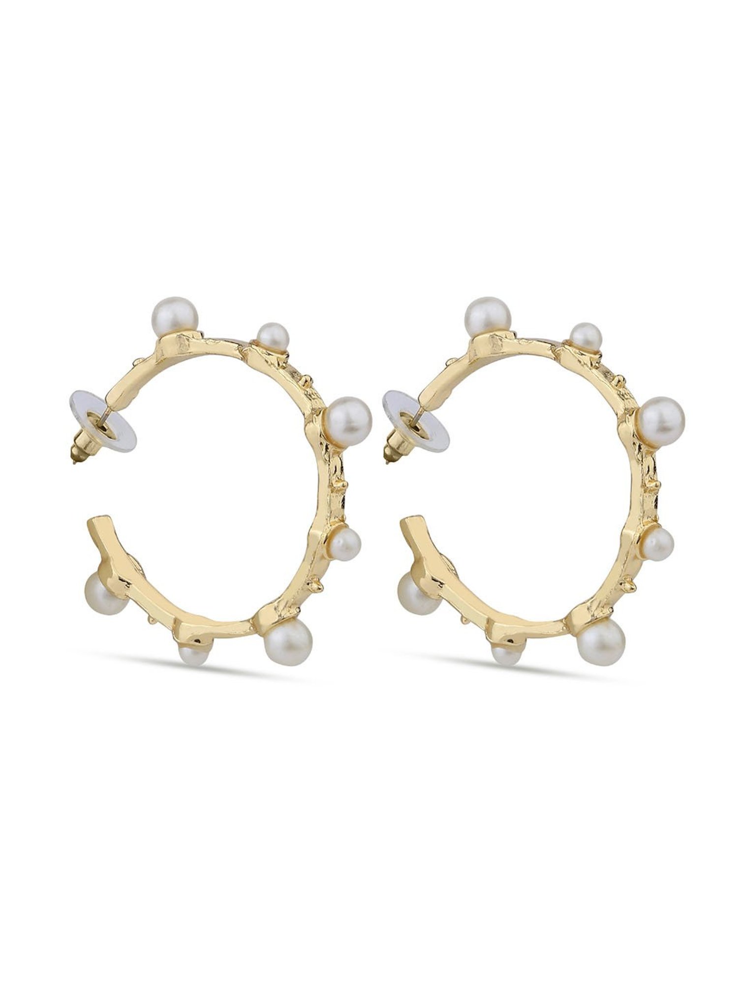 ToniQ Gold-Plated White Pearl Studded Half Hoop Earrings For Women