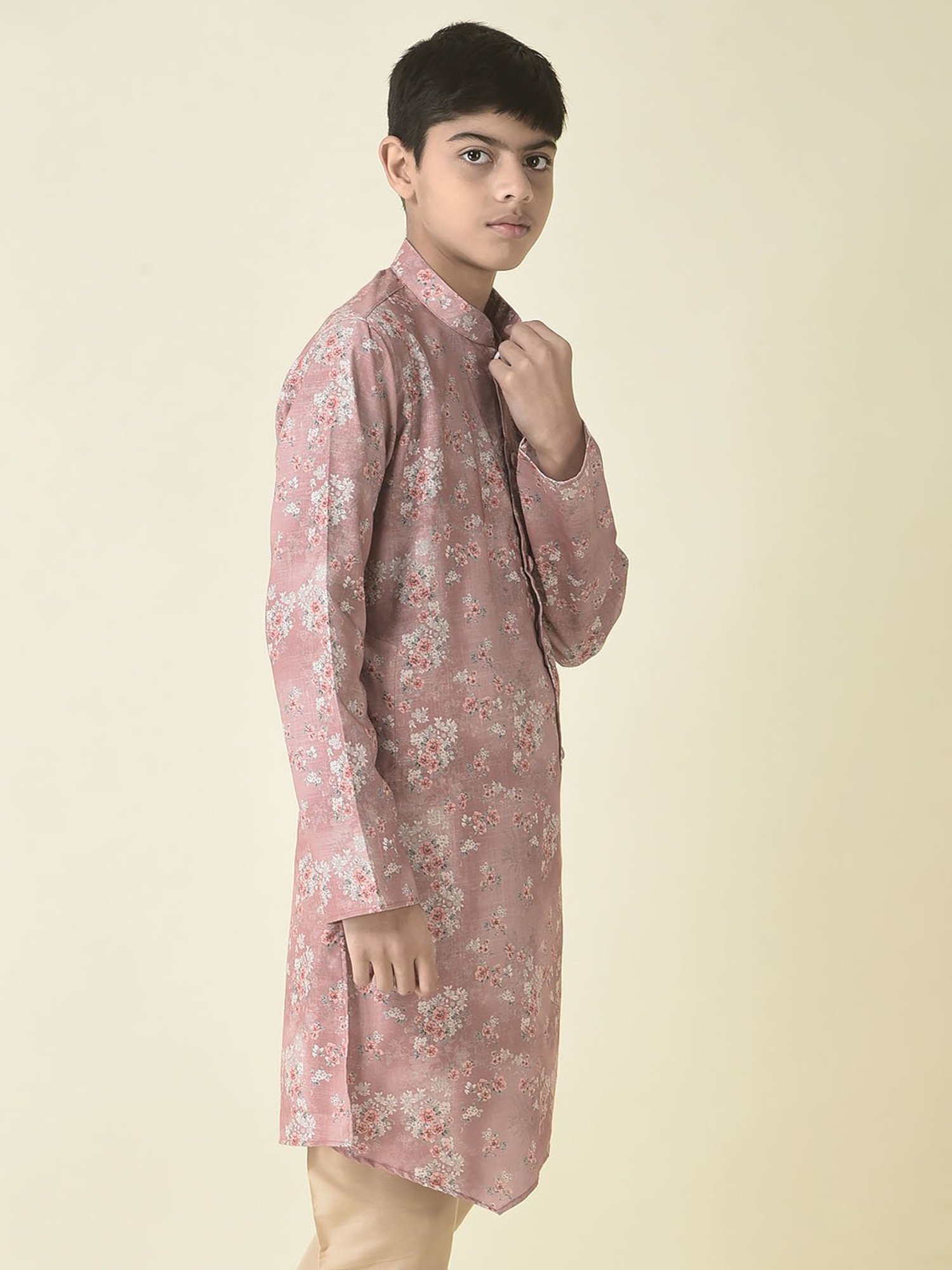 TABARD Kids Pink Floral Print Full Sleeves Kurta
