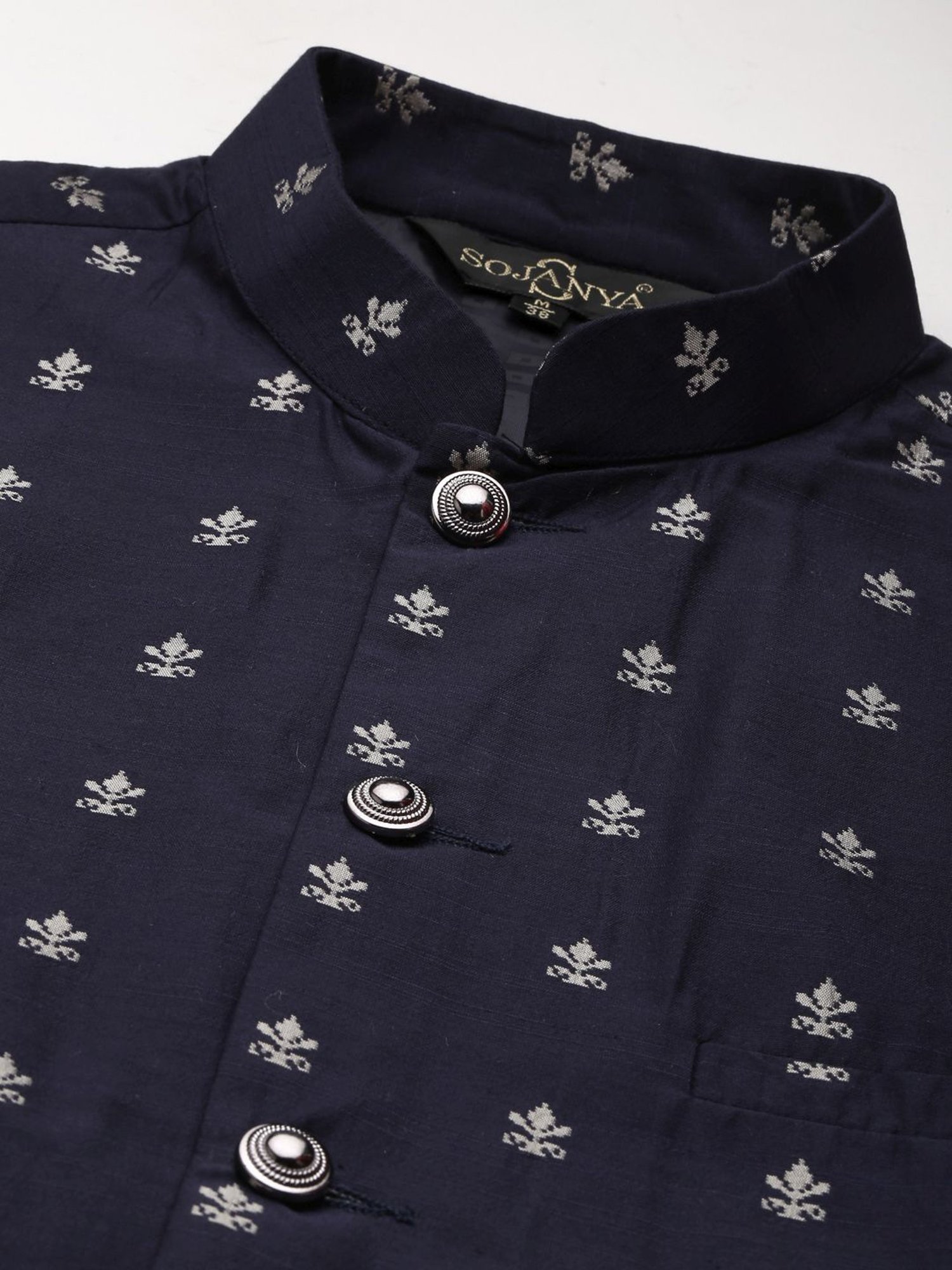 Sojanya Beige & Navy Regular Fit Printed Kurta Set With Jacket