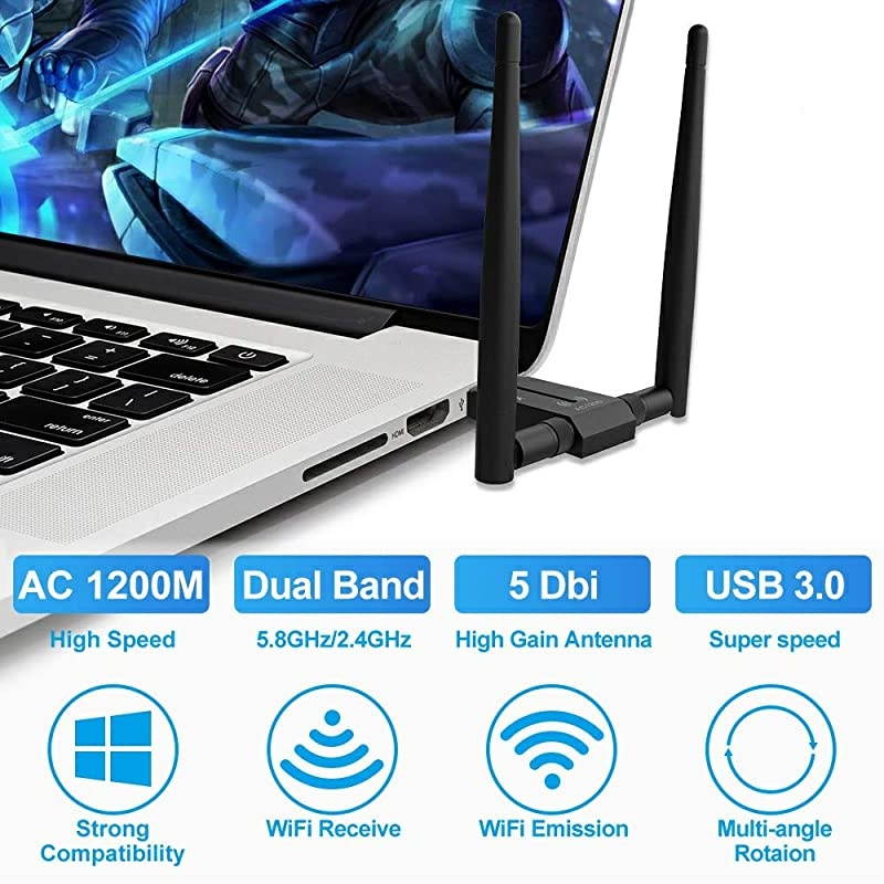 Wireless USB WiFi Adapter for PC/Desktop,1200Mbps Dual Band 2.4GHz/5GHz High Gain 5dBi Antennas USB 3.0 Wireless Network Adapter Supports Windows Linux/10/8/7/XP/Vista,Mac OS 10.11-10.14