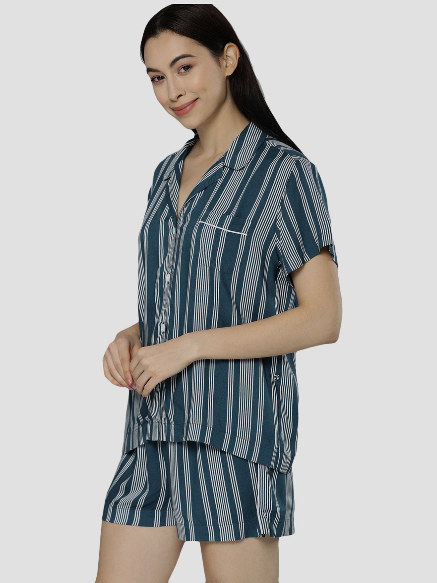 Chemistry Blue Cotton Striped Shirt Short Set