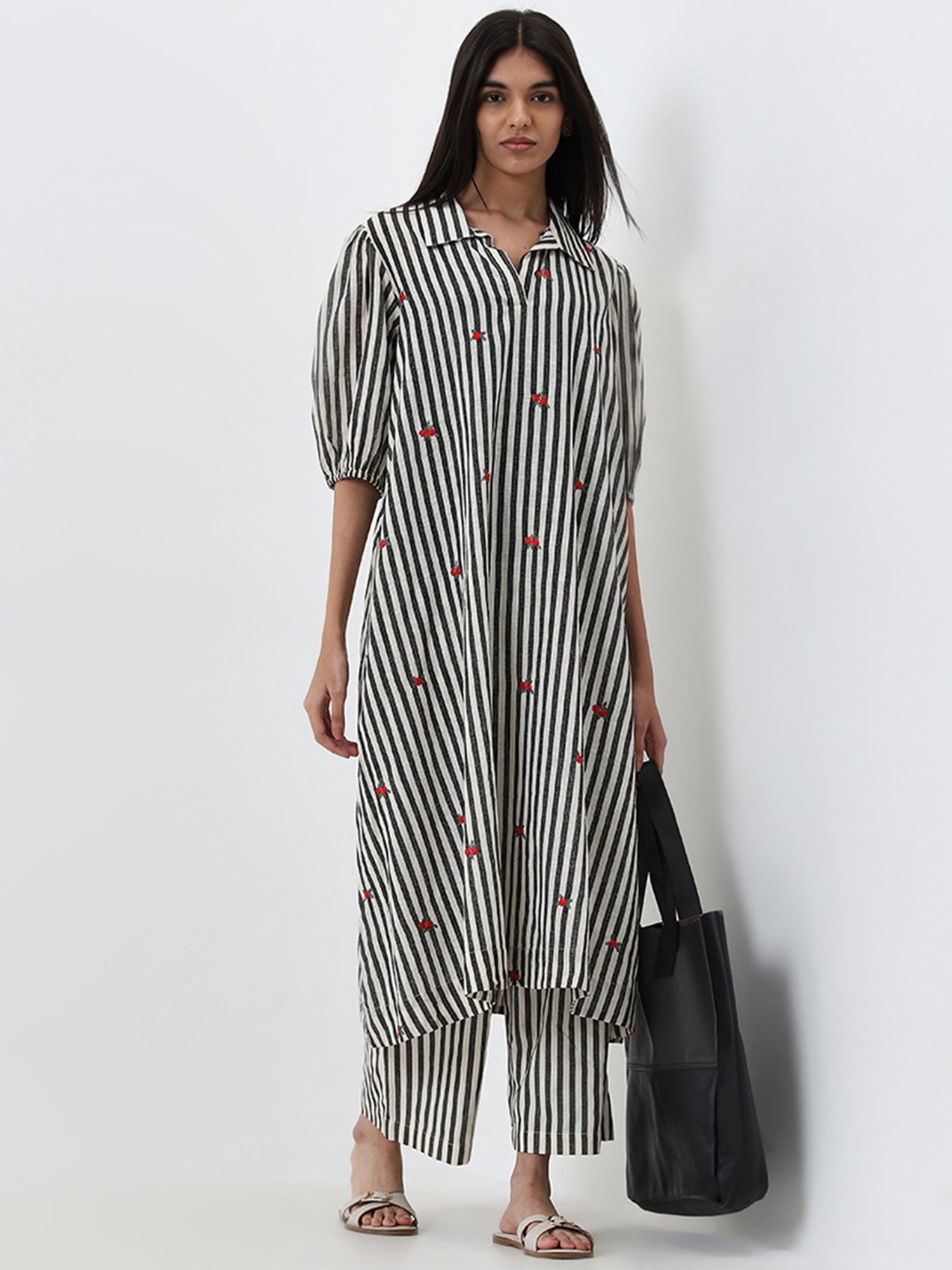 Utsa by Westside Black Stripe Printed A-Line Cotton Kurta