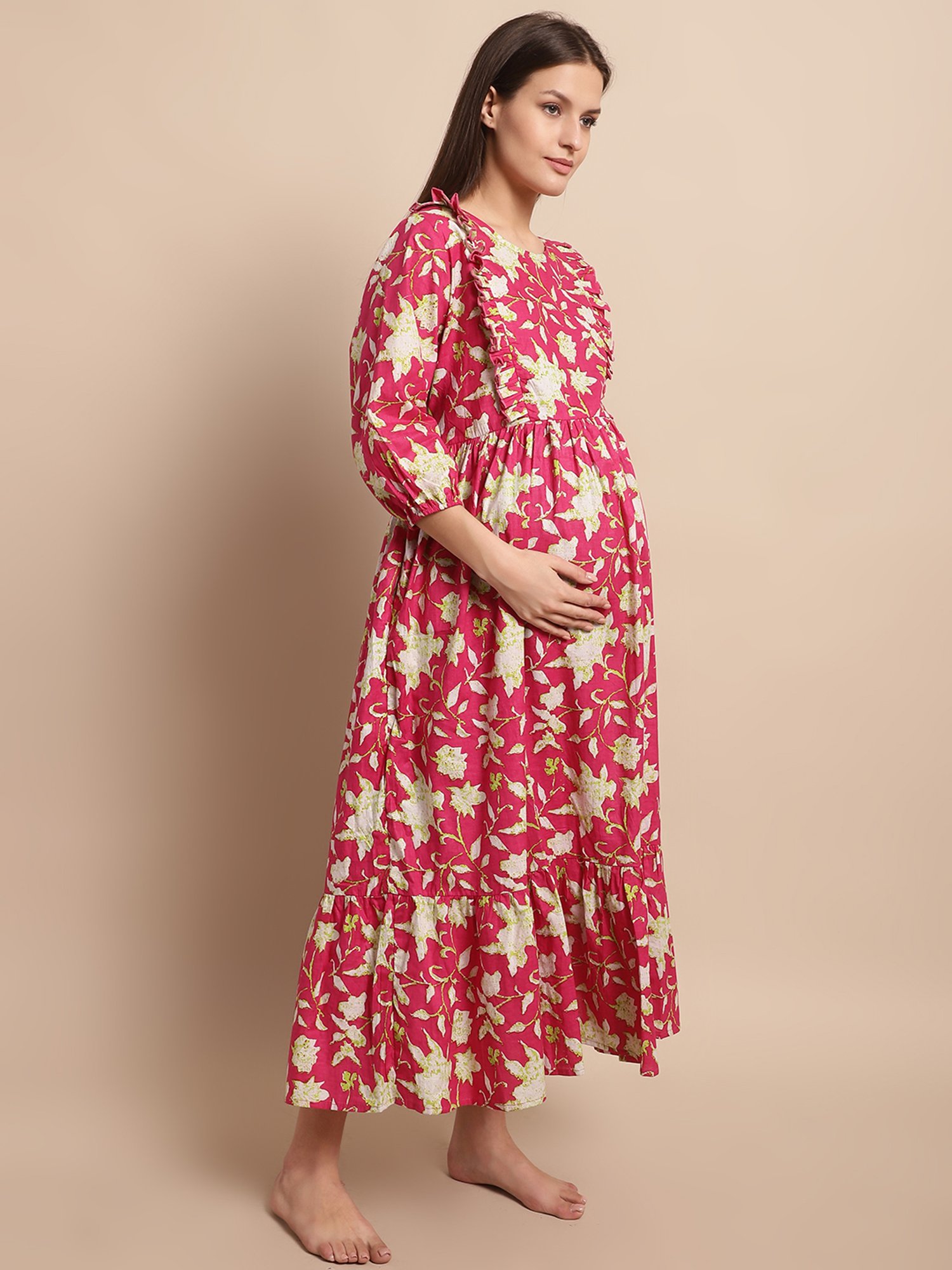 Secret Wish Pink Cotton Floral Print Maternity Night Dress