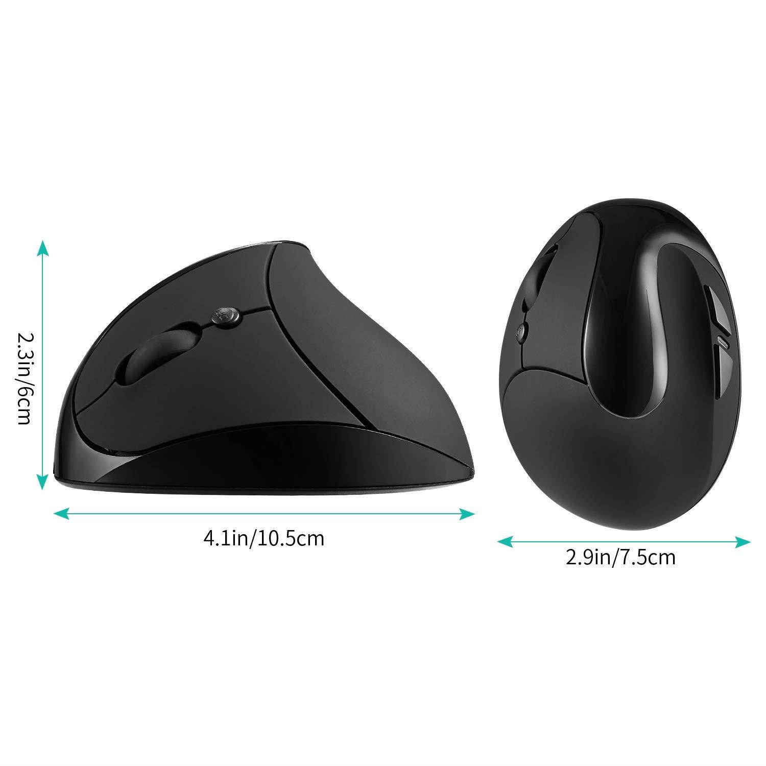 Left-Handed Mouse, AURTEC Rechargeable 2.4G Wireless Ergonomic Vertical Mice with USB Receiver, 6 Buttons and 3 Adjustable DPI 800/1200/1600 for Left Hand, Black