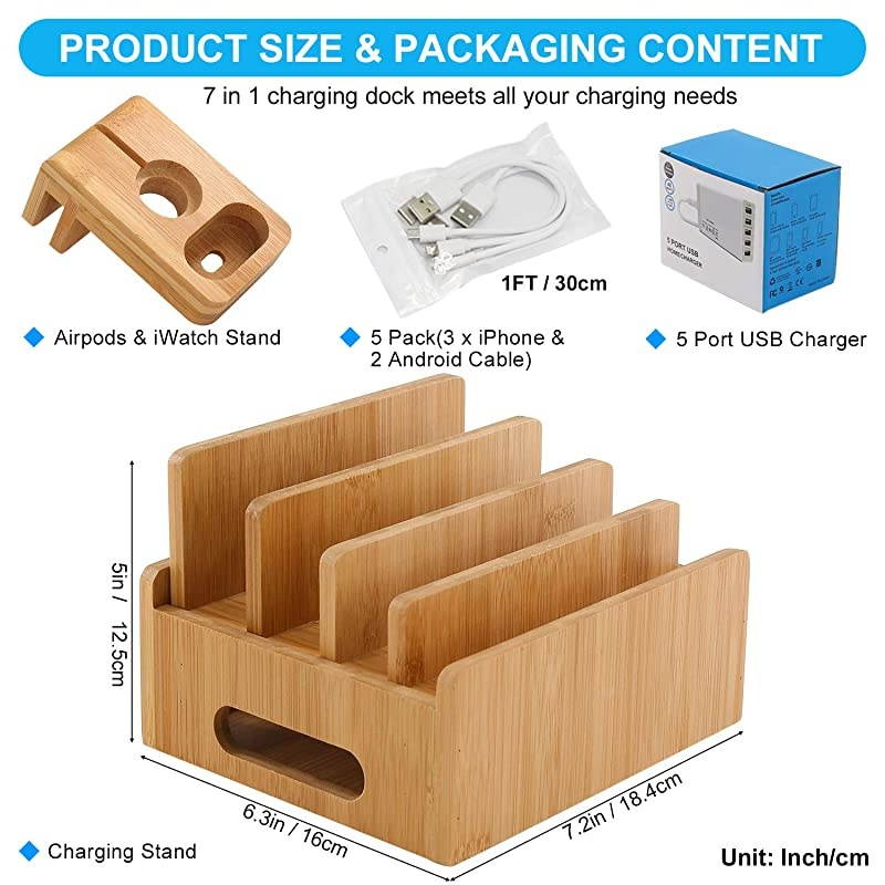 Charging Station for Multiple Devices with 5 Port USB Charger 5 Charger Cables and AirPod Watch Stand Pezin Hulin Desk Wood Docking Stations Electronic Organizer for Cell Phone Tablet