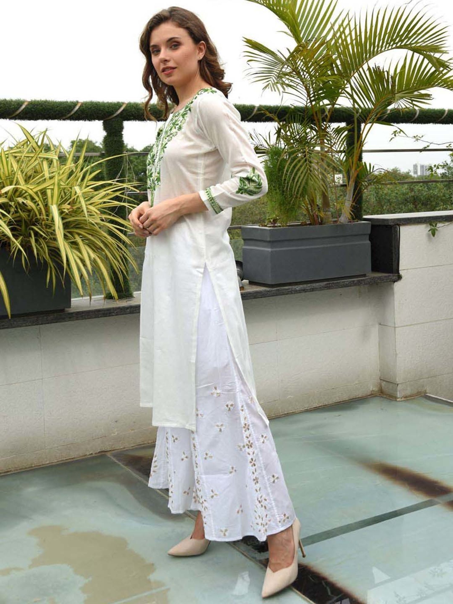 SHADES White Chanderi Chikankari Straight Kurta
