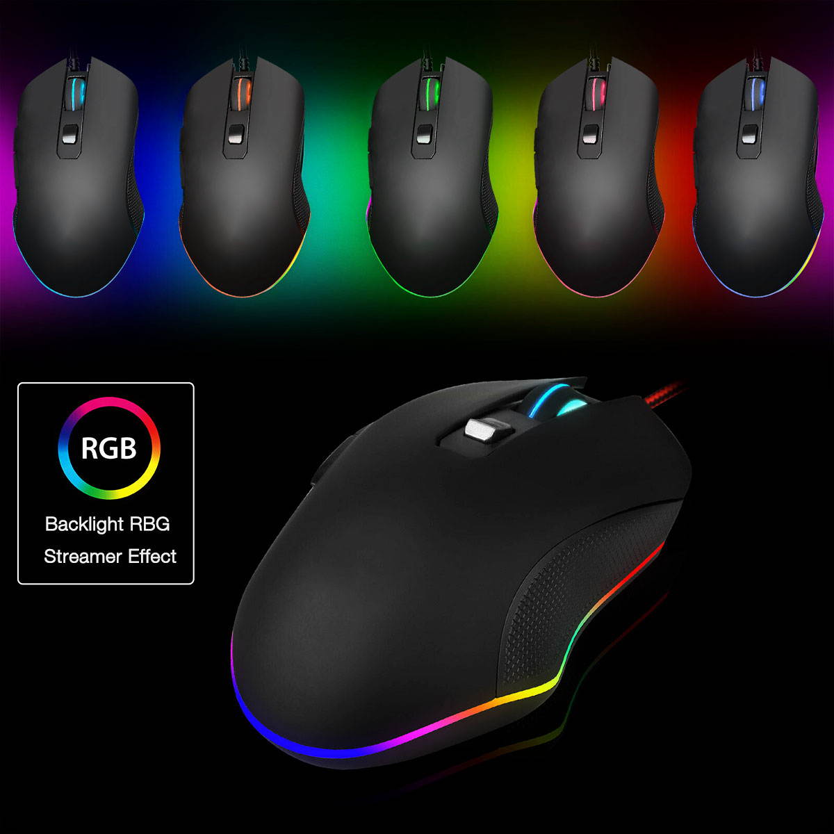 Wired Gaming Mouse RGB Backlight 3200DPI Programmable, Game USB Mice Desktop Laptop Computer PC Gaming Mouse, 6 Buttons Optical Mic for Windows 7/8/10/XP Vista Linux, Black