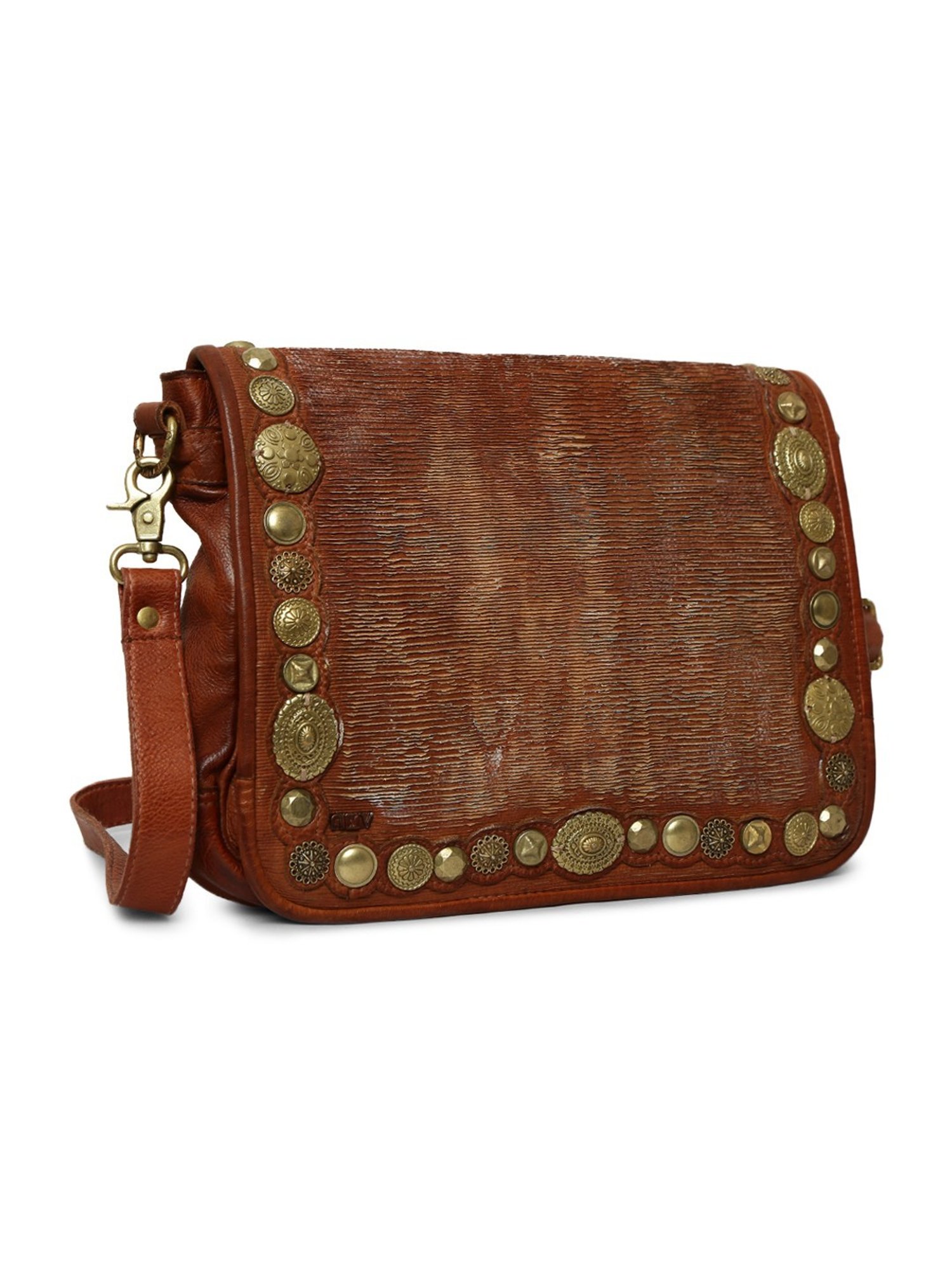 Art N Vintage Silvia Cognac Leather Embellished Medium Sling Handbag