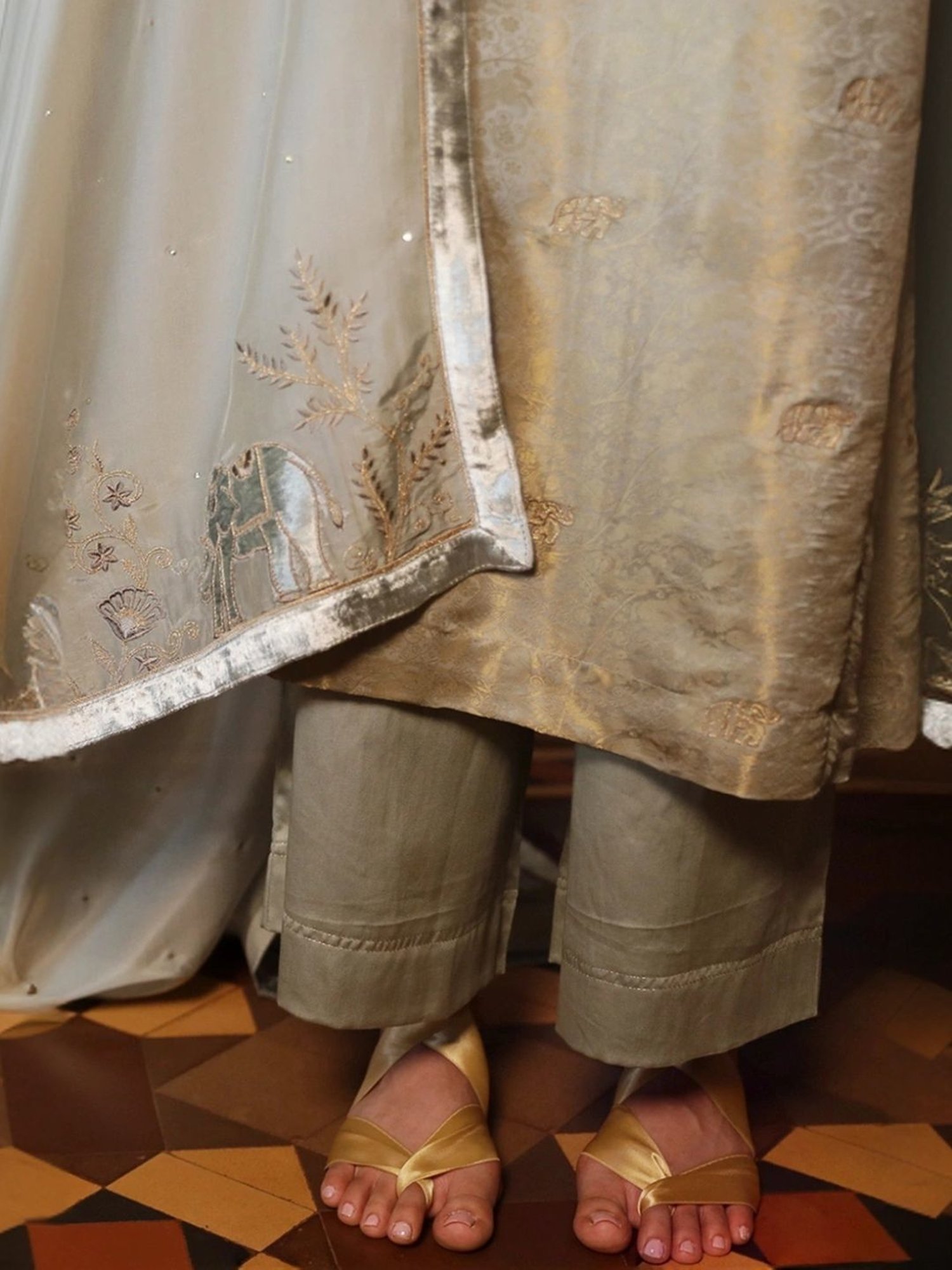 Ganga Fashions Belgian Block Grey and Golden Silk Woven Kurta with Salwar and Dupatta