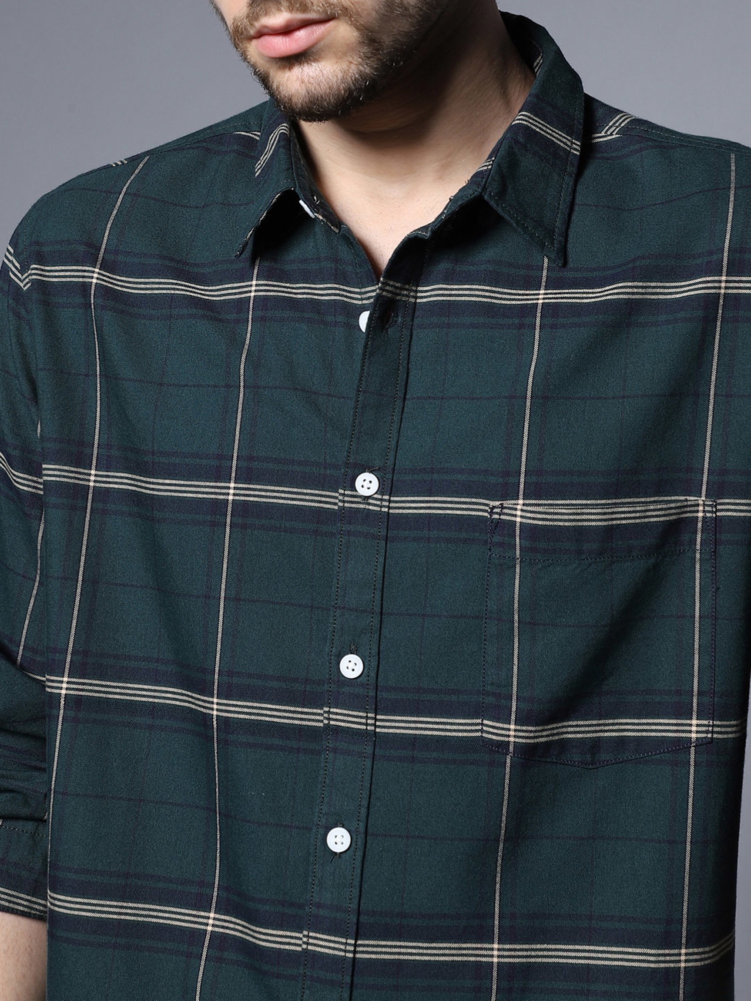 High Star Green Relaxed Fit Checks Shirt
