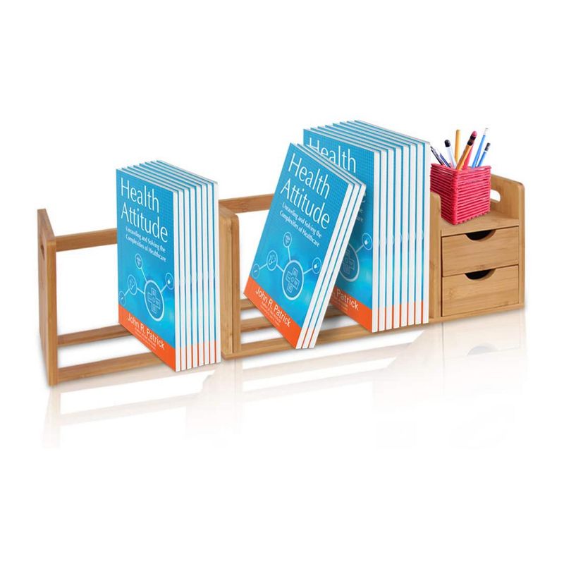 SereneLife Natural Bamboo Shelf Adjustable Bookshelf Desktop Organizer Unit with Storage Drawers for Books and Office Supplies