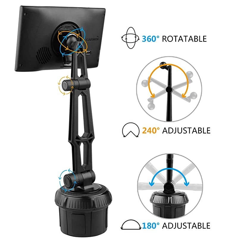 Car Mount Cup Holder with Adjustable Arm for Garmin - Replacement Cupholder Ball Mount for Garmin Nuvi Dezl Drive Drivesmart Zumo Driveassist DriveLuxe StreetPilot RV Portable Navigator