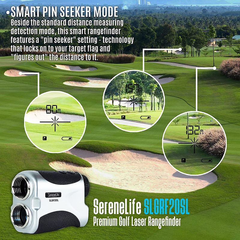 SereneLife SLGRF20SL Standard Laser Range Finder Digital Golf Distance Meter for Golfing, Hunting, and Archery with Pin Sensor Technology, Silver