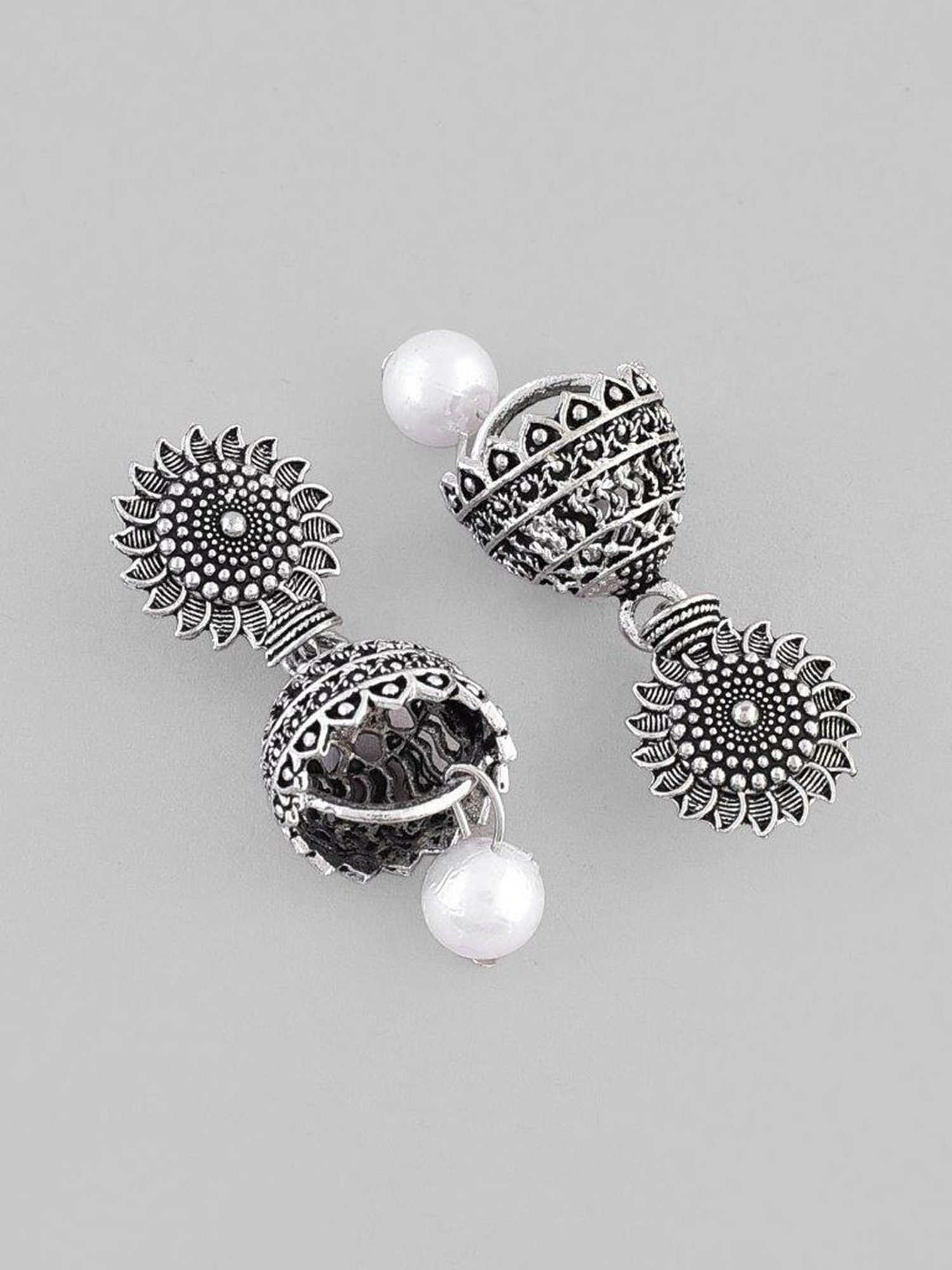 VOJ White Bead Studded Circular Oxidised Silver Plated Contemporary Jhumka for Women