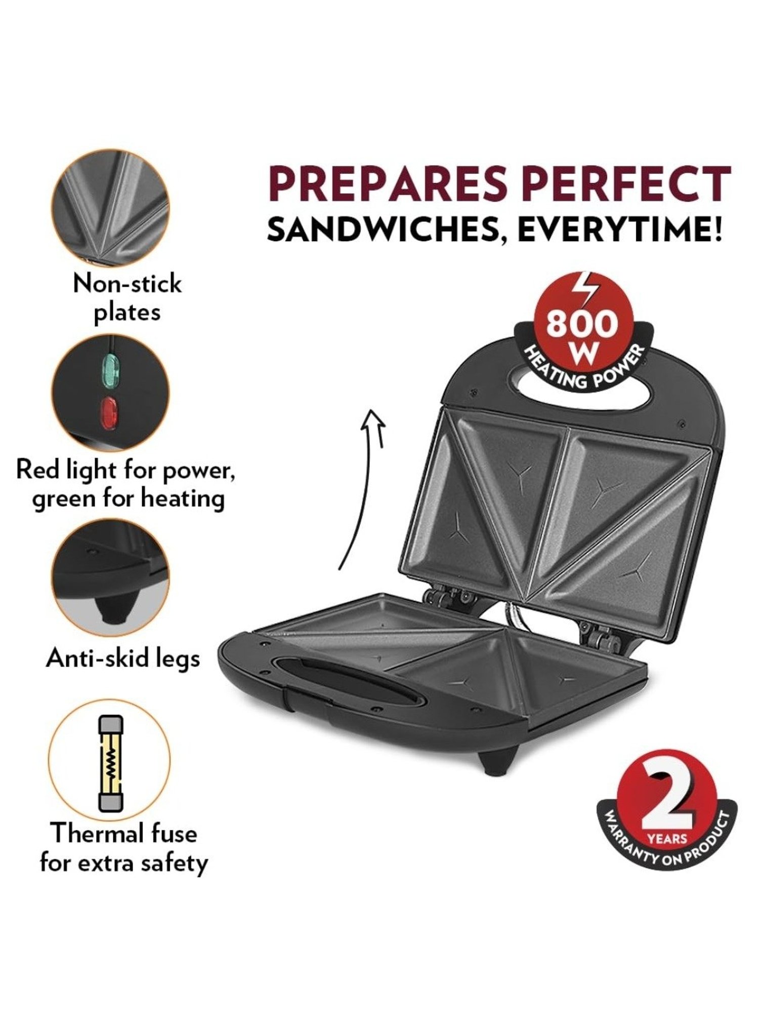 Borosil Sandwich Maker 800W Non Stick Coating (Black)
