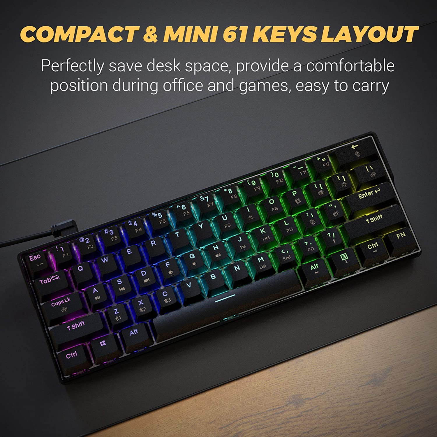 KEMOVE 61 Shadow hot swappable Bluetooth 5.1 Wireless/Wired 60% RGB Mechanical Gaming Keyboard, PBT Keycap, Full Keys Programmable for Win/Mac - Black (Gateron White Mechanical Switch)