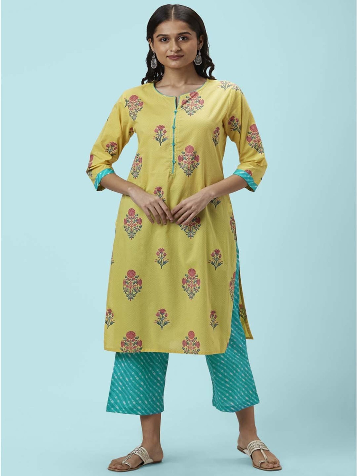 Rangmanch by Pantaloons Yellow & Blue Cotton Floral Print Kurta Palazzo Set