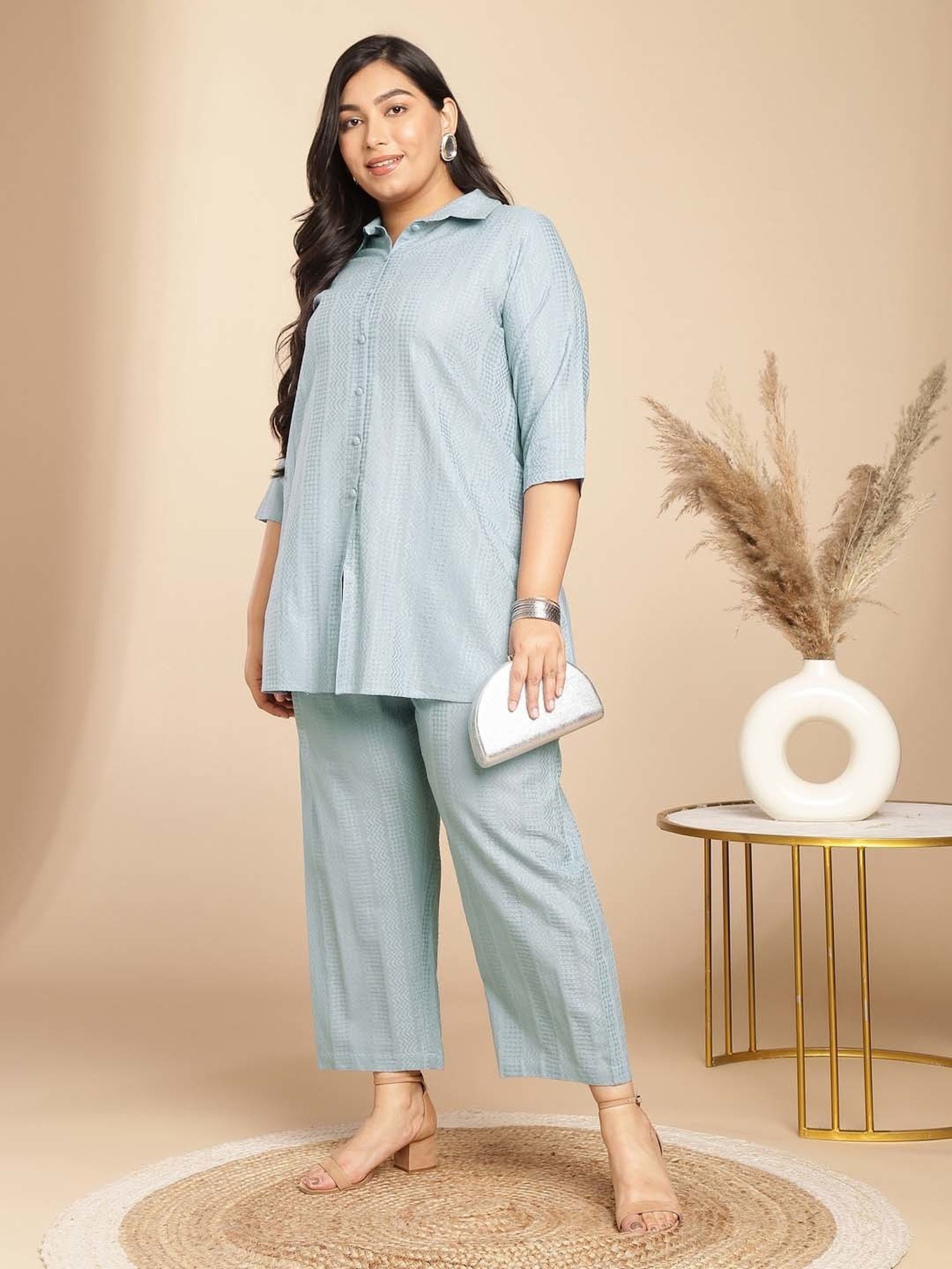 Janasya Grey Cotton Self Pattern Tunic Pant Set