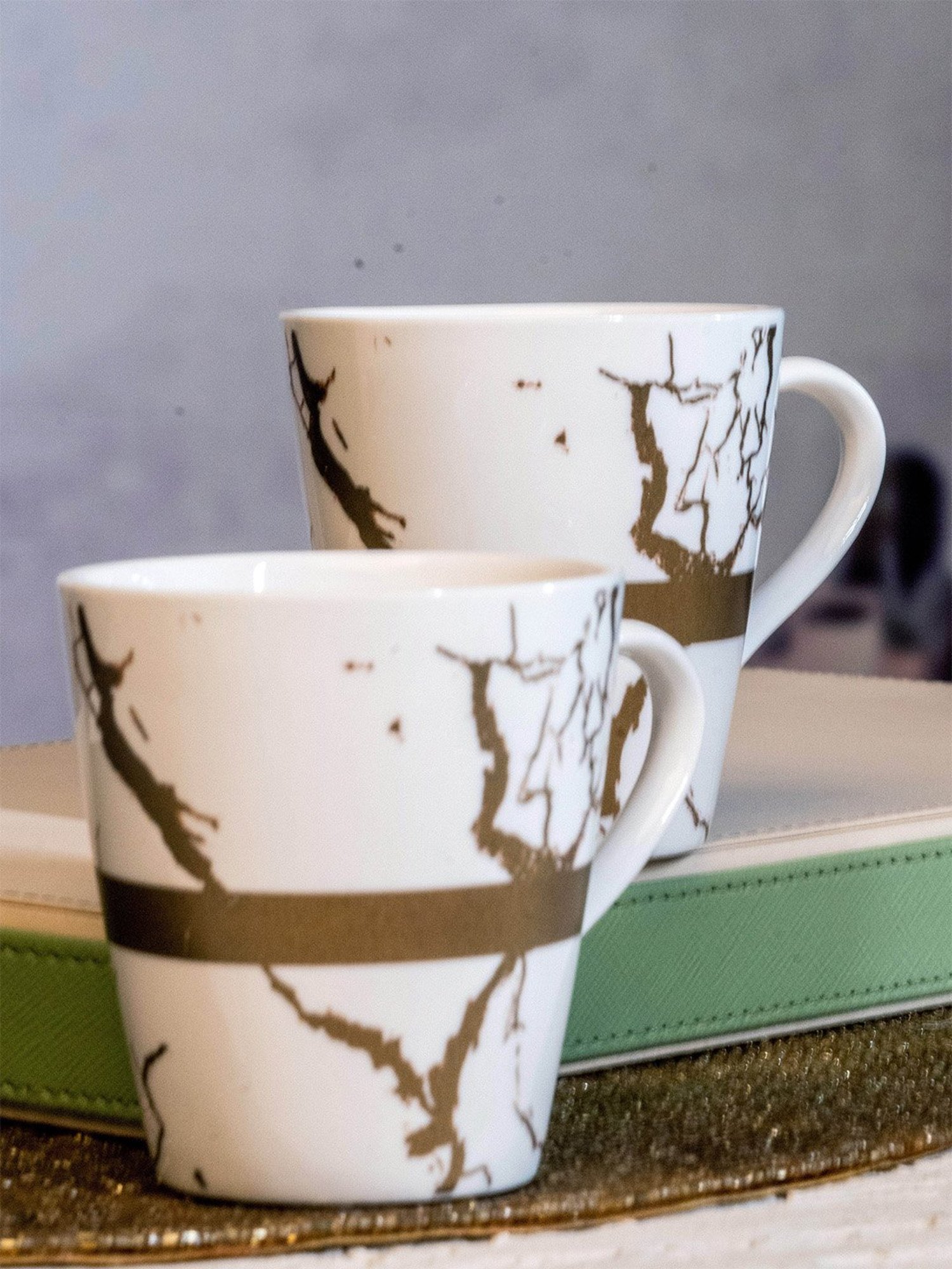 White Gold Printed White Porcelain Coffee Mug - Set of 6 (200ml)