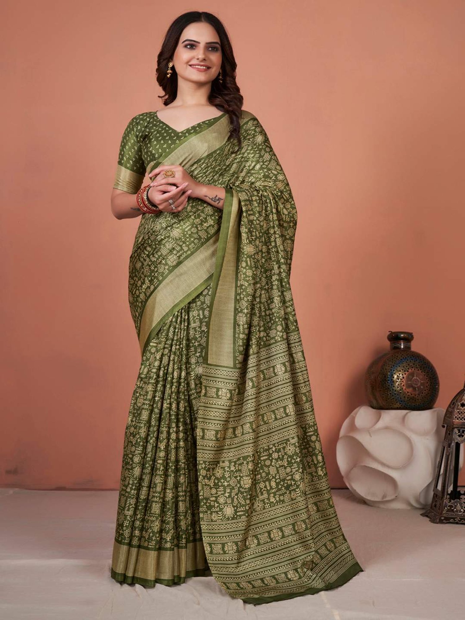 Saree Mall Green Silk Printed Saree With Unstitched Blouse