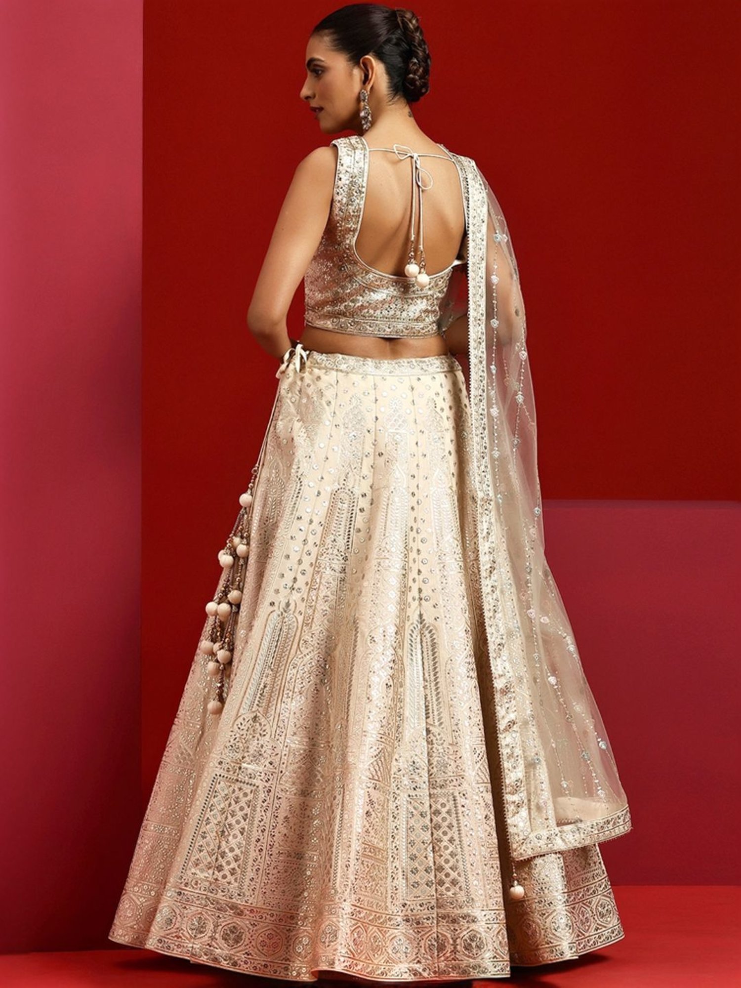 Silk Land Beige & Blue Woven Pattern Semi Stitched Lehenga Choli Set With Duppata