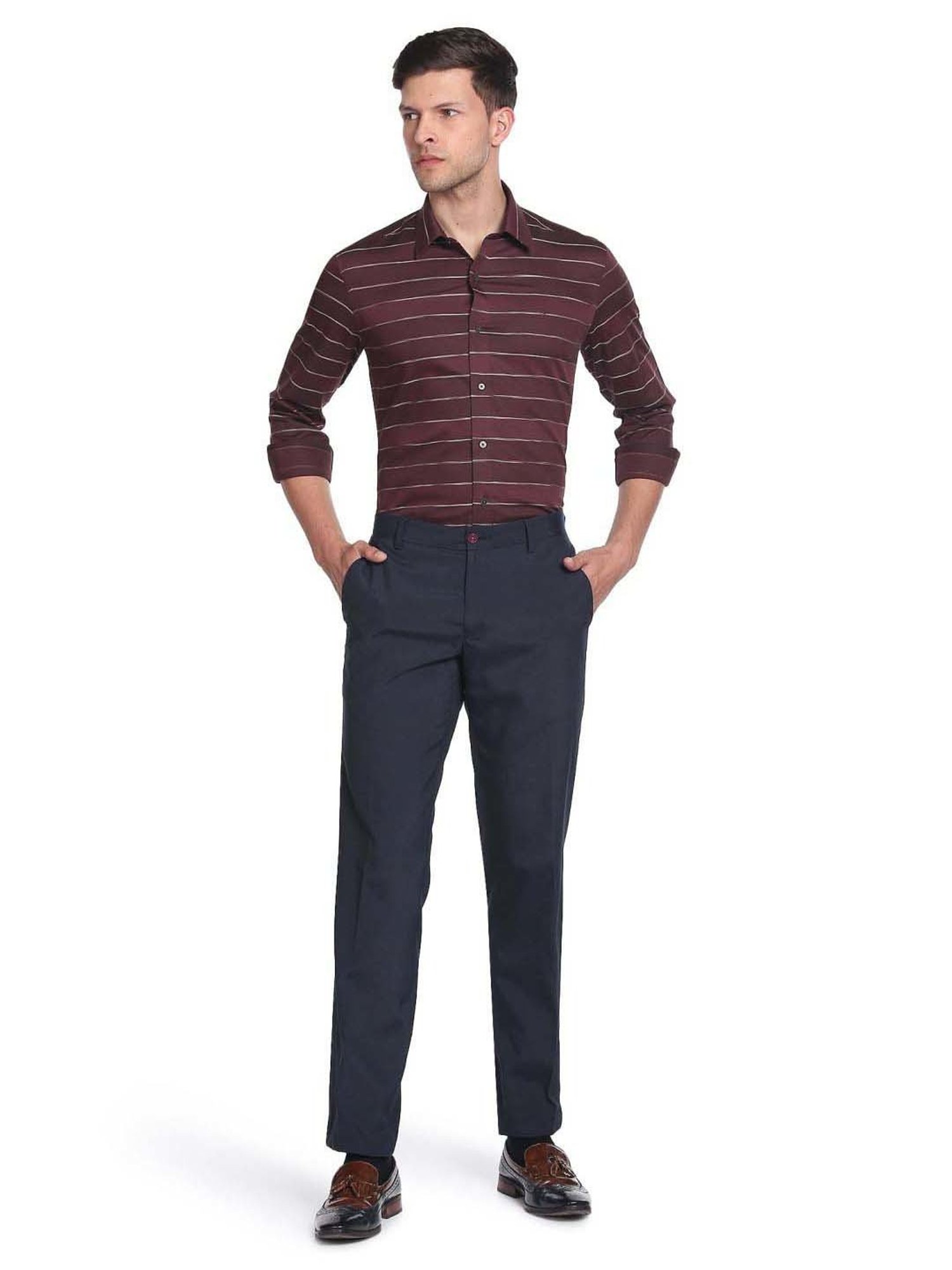 Arrow New York Dark Purple Cotton Slim Fit Striped Shirt