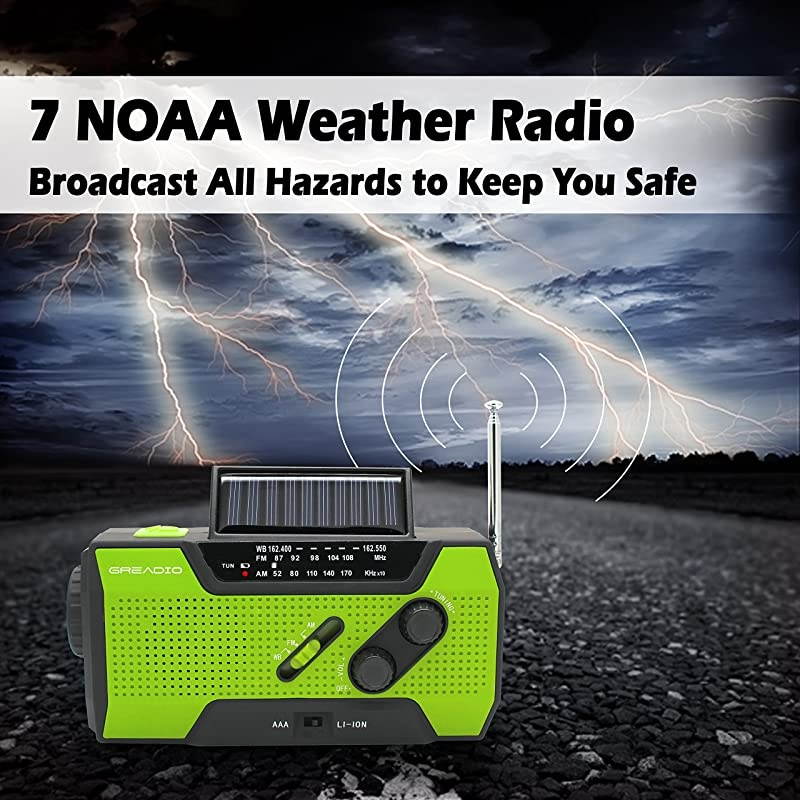 Weather Solar Crank AM/FM NOAA Radio with Portable 2000mAh Power Bank, Bright Flashlight and Reading Lamp for Household and Outdoor Survival (Green)