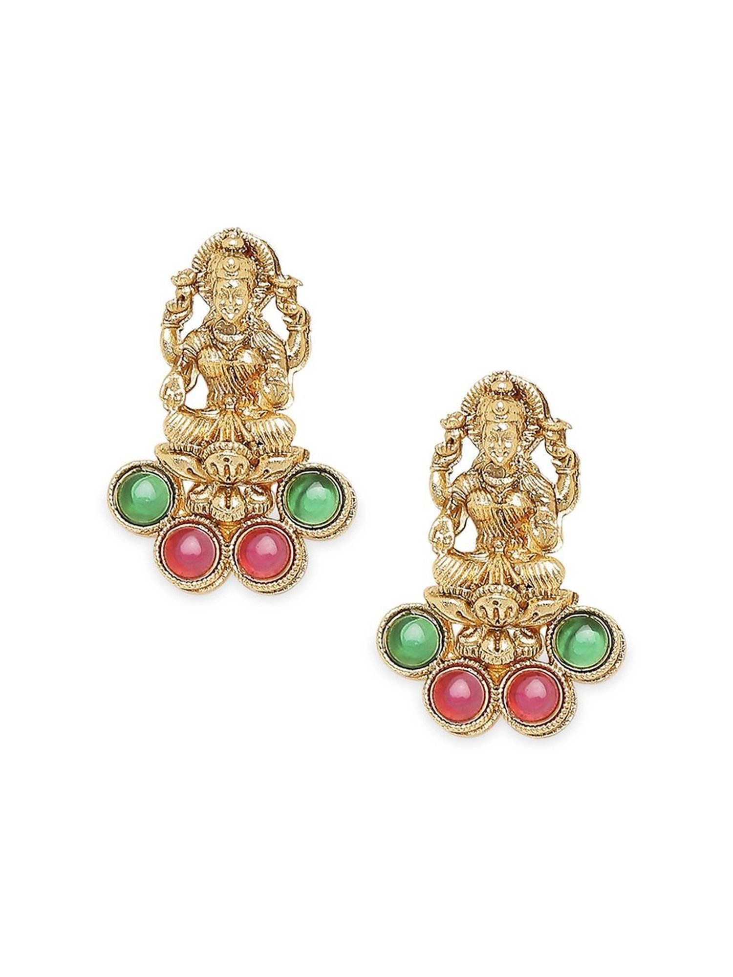 OOMPH Antique Gold Tone Red & Green Stones Elephant Choker Necklace Set for Women