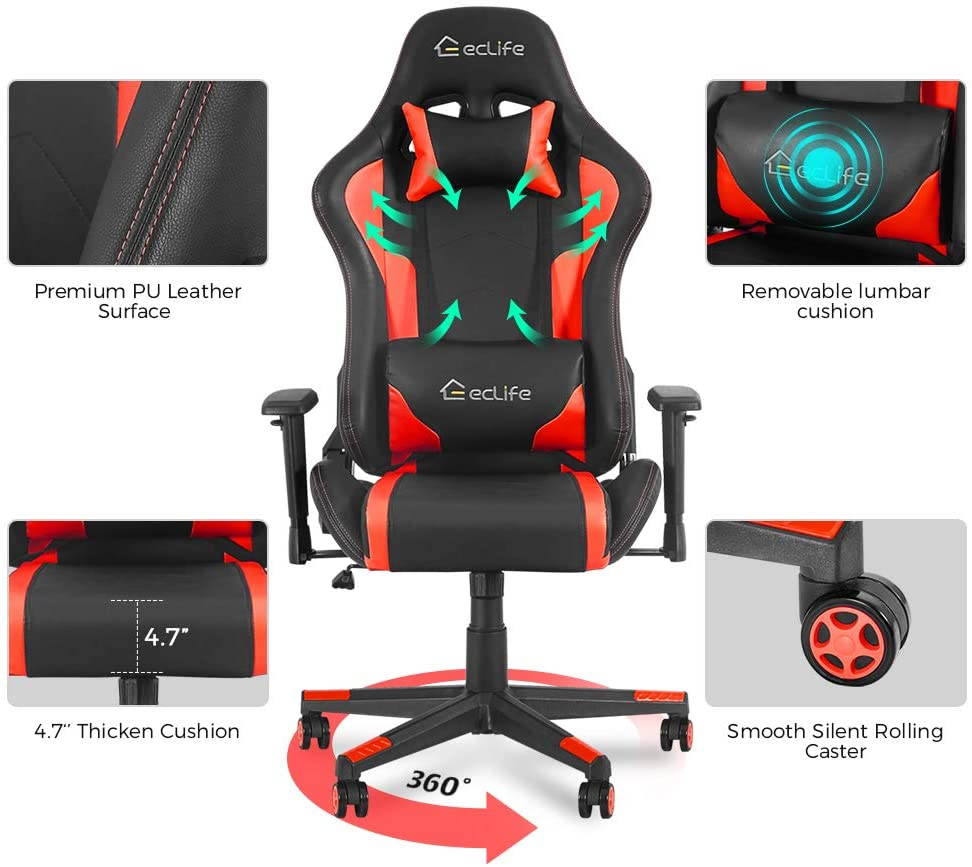 Eclife High Back Computer Game Chair with Adjustable Massage Lumbar Support and Headrest Racing Style Swivel Executive Office Desk Gaming Chair