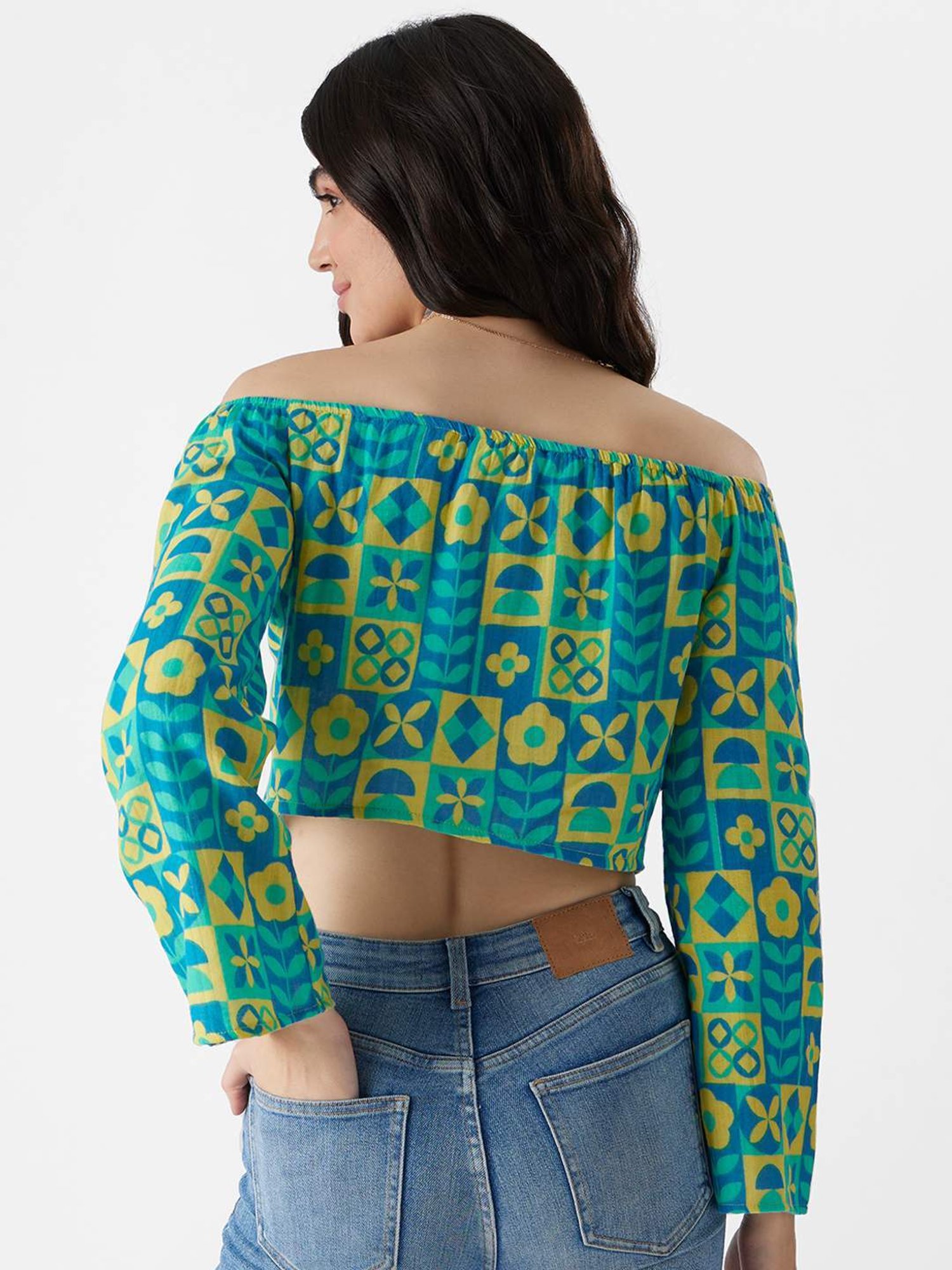The Souled Store Blue Cotton Printed Crop Top
