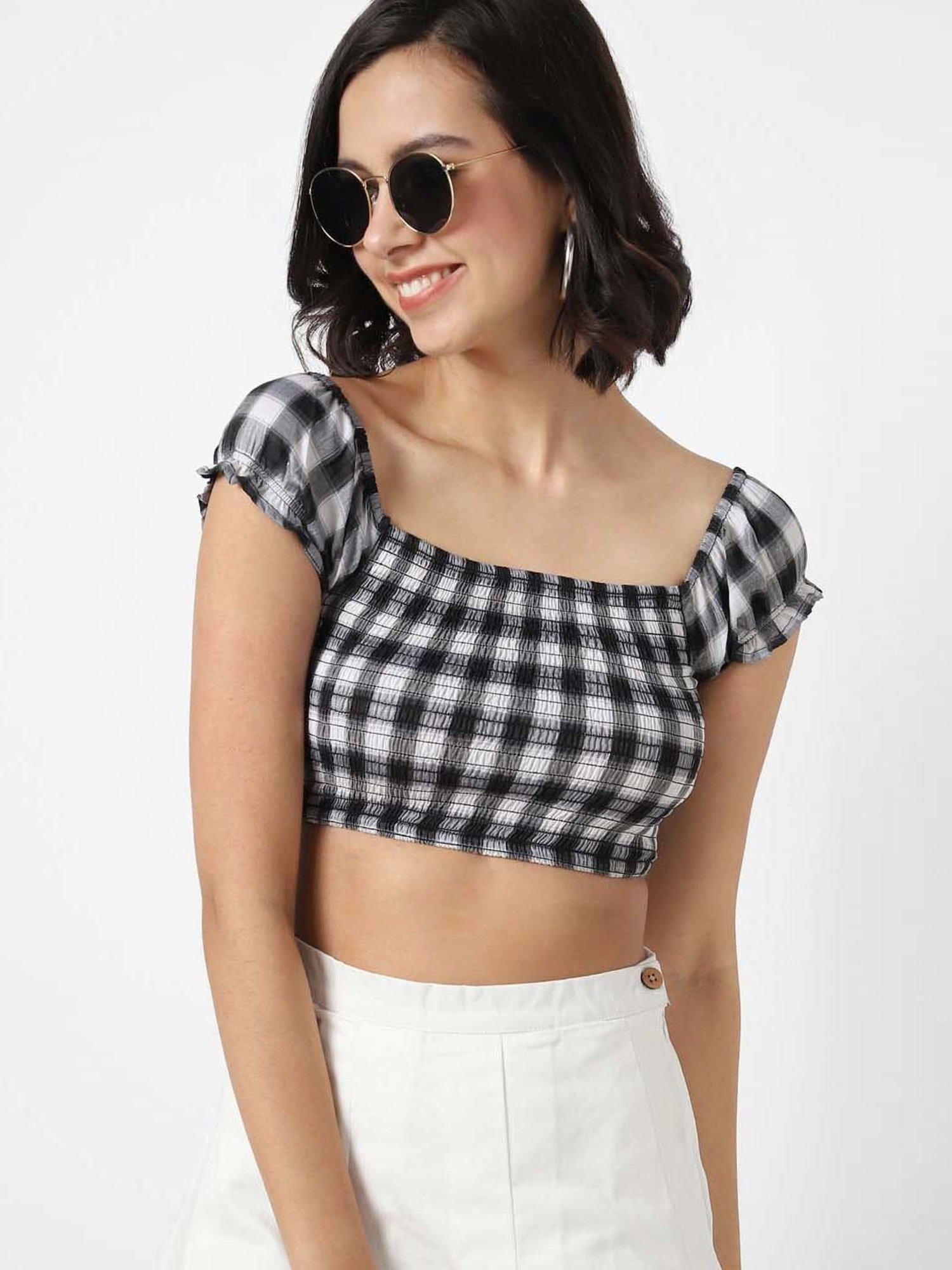 VASTRADO Black & White Cotton Chequered Crop Top