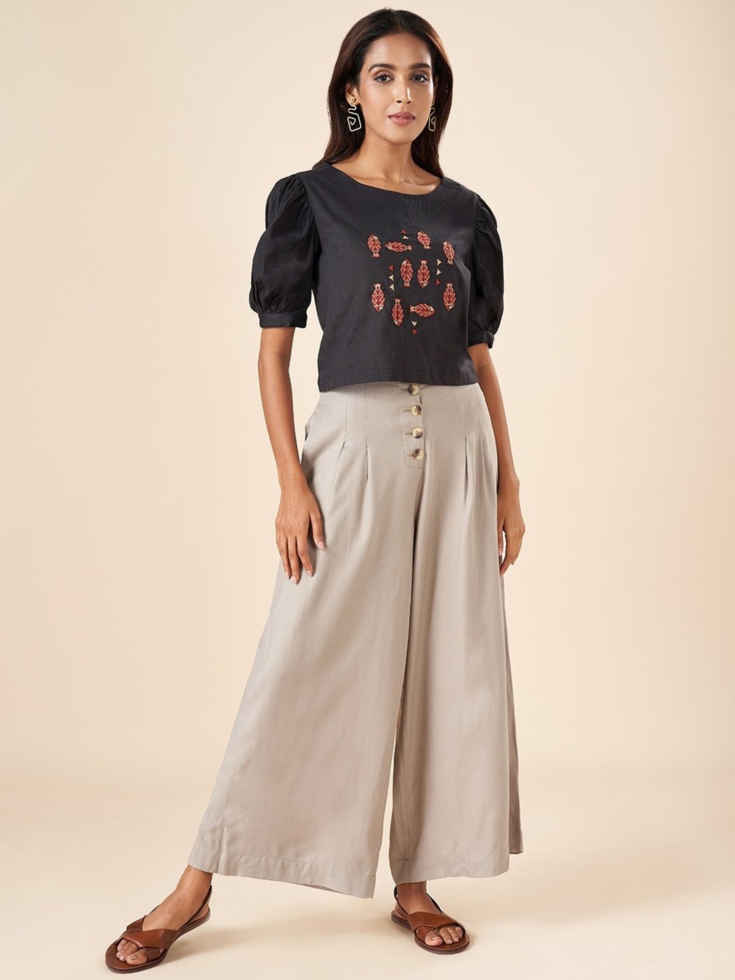 Akkriti by Pantaloons Black Cotton Embroidered Top