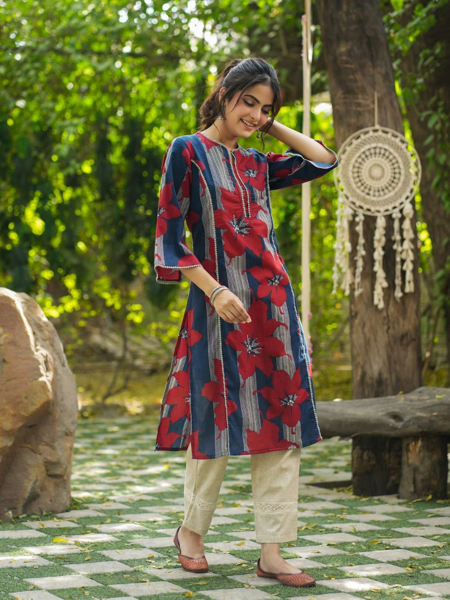 Rain and Rainbow Blue & Red Cotton Floral Print A Line Kurta
