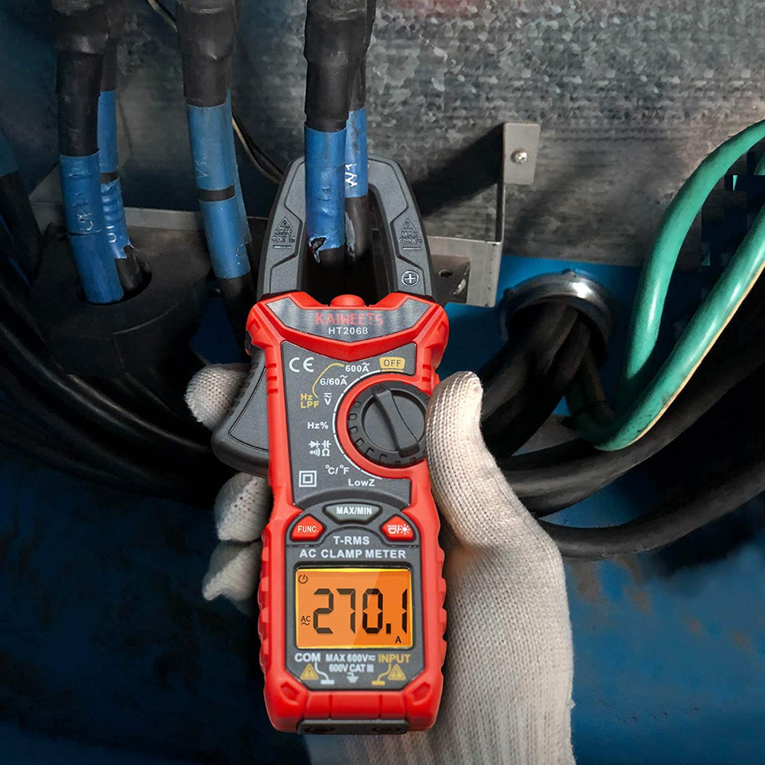 Clamp Meter HT206B 6000 Counts, 600A AC Ampere Meter, NCV 600V AC/DC Voltage Mesure, with LCD Backlit, Capacitance, Battery, Continuity, Resistance, Diodes, Temperture, Duty, Frequency Test