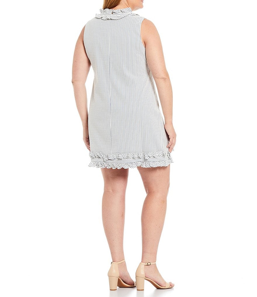 Eliza J Plus Size Sleeveless Seersucker Ruffle Mock Neck Sheath Dress