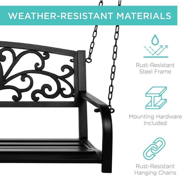 Best Choice Products 2-Person Metal Outdoor Porch Swing, Hanging Steel Patio Bench w/ Floral Accent - Black