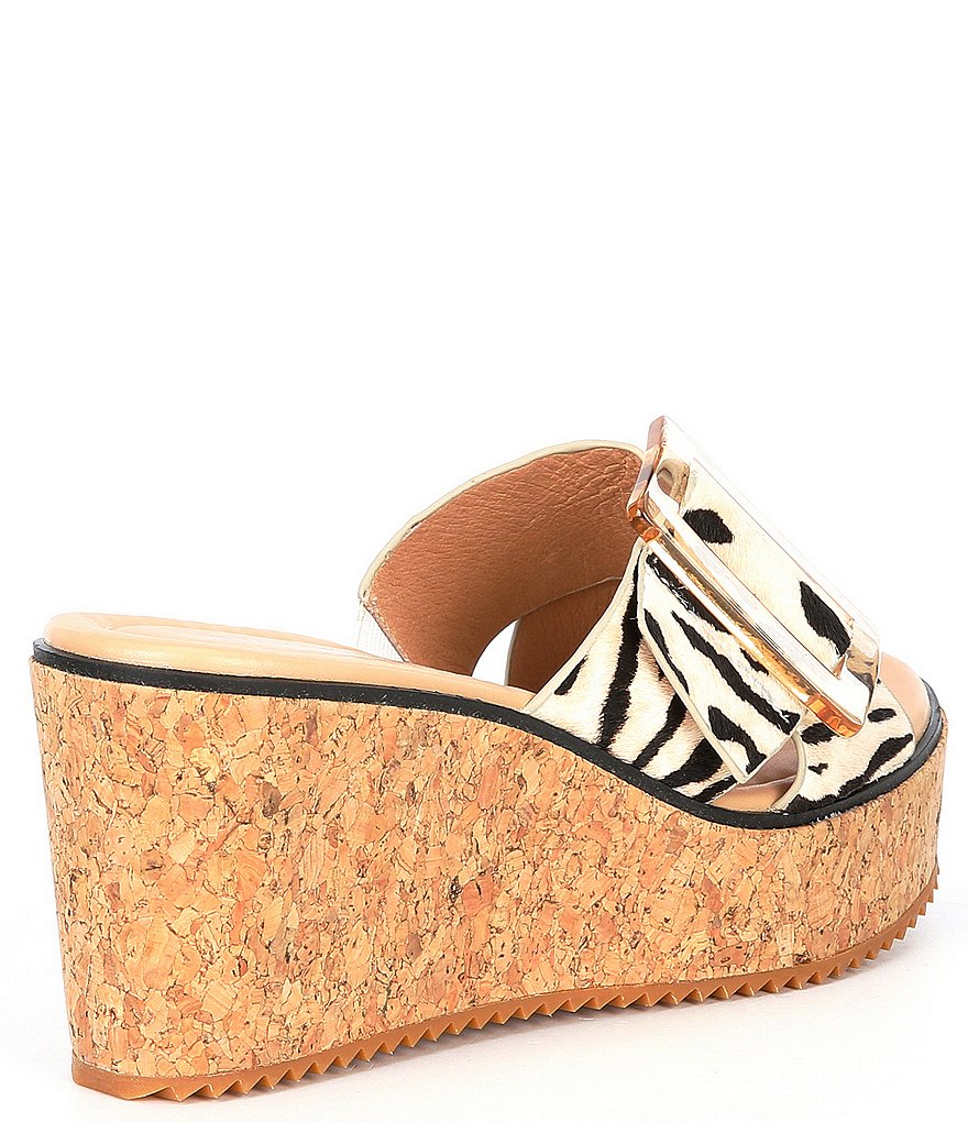 Donald Pliner Illiad Leopard Print Calf Hair Buckled Cork Wedge Slides