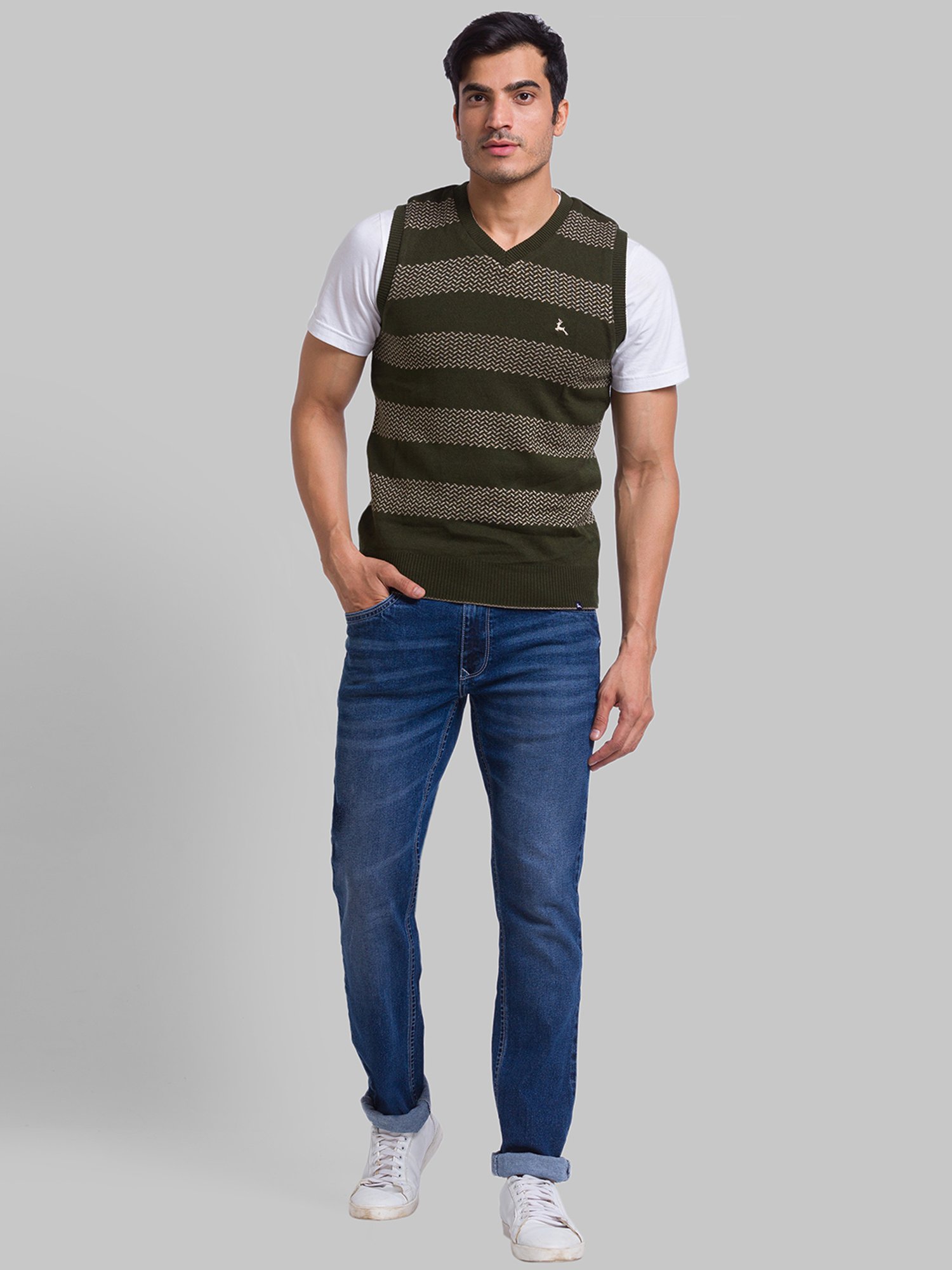 Parx Green & Beige Regular Fit Self Pattern Sweater