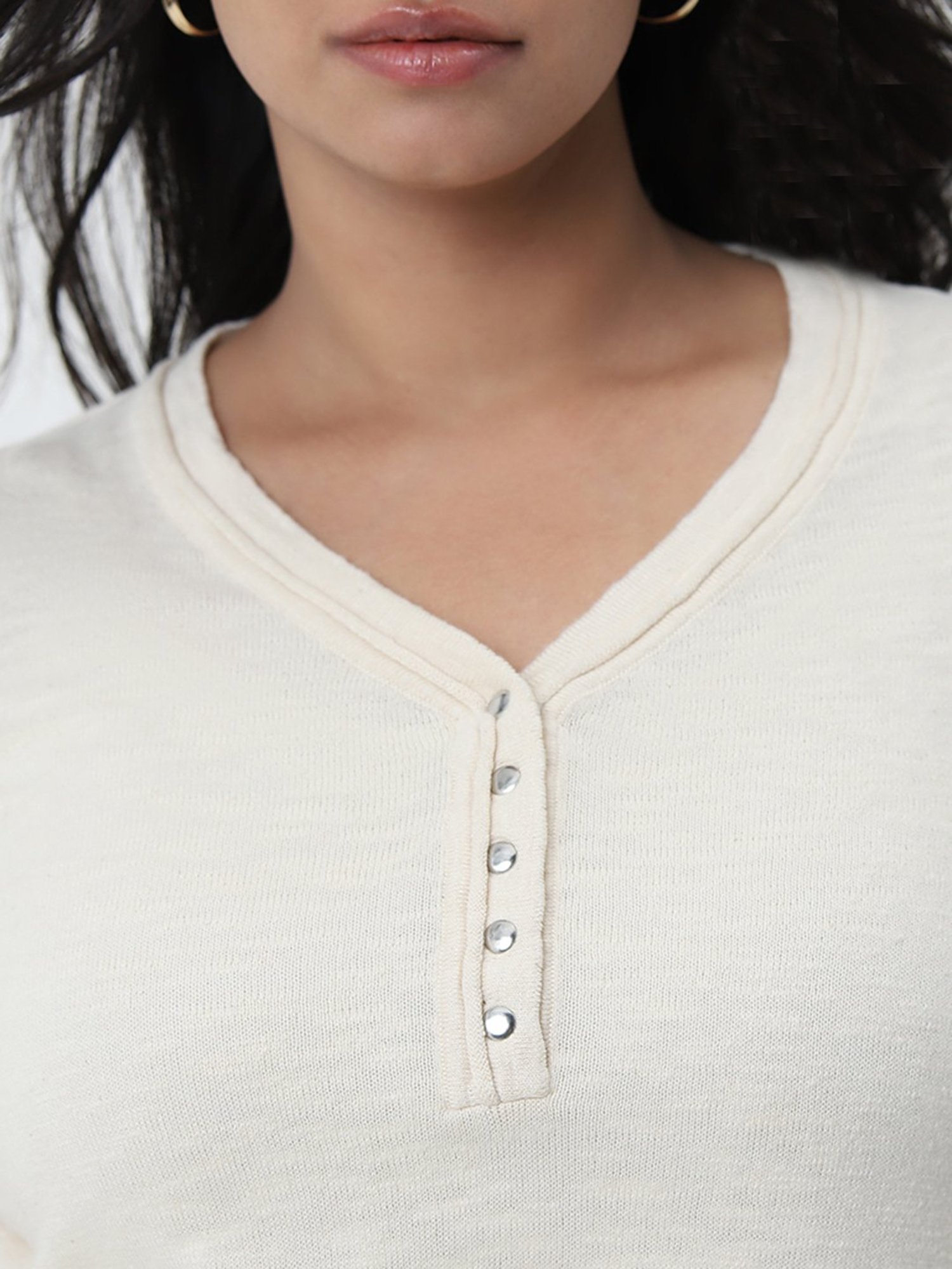 Gia by Westside Beige Solid Knitted Cotton T-Shirt