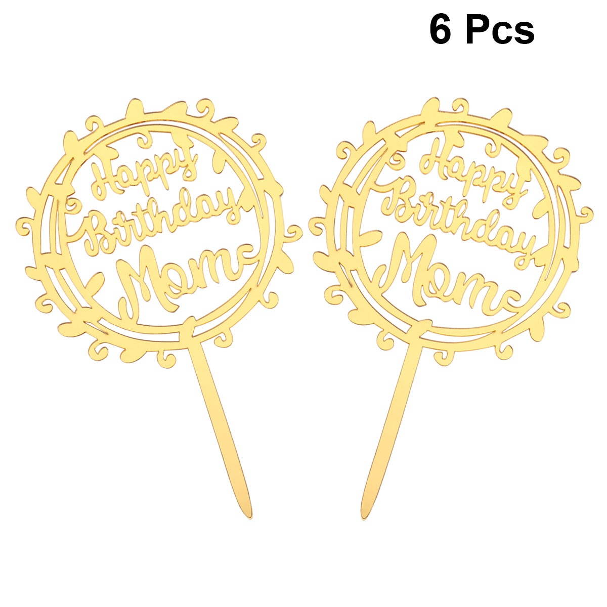 6pcs Glitter Paper Cake Toppers Letter Printing Cake Picks DIY Cake Decoration Mothers Day Dessert Insert Party Favor for Decoration (Golden)