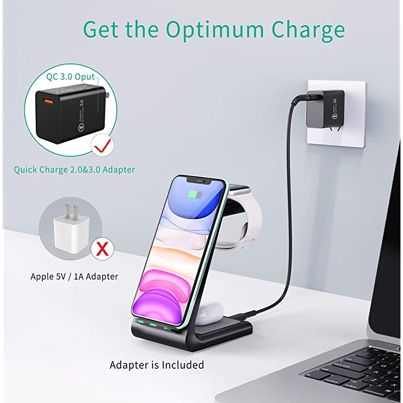Wireless Charger Stand 3 in 1 QiCertified Wireless Charging Station for Apple Watch 5432 AirPods ProFast Charger Dock for iPhone 1212PRO11 Pro MaxXXSXRXs Max8Plus Samsung S20 S10