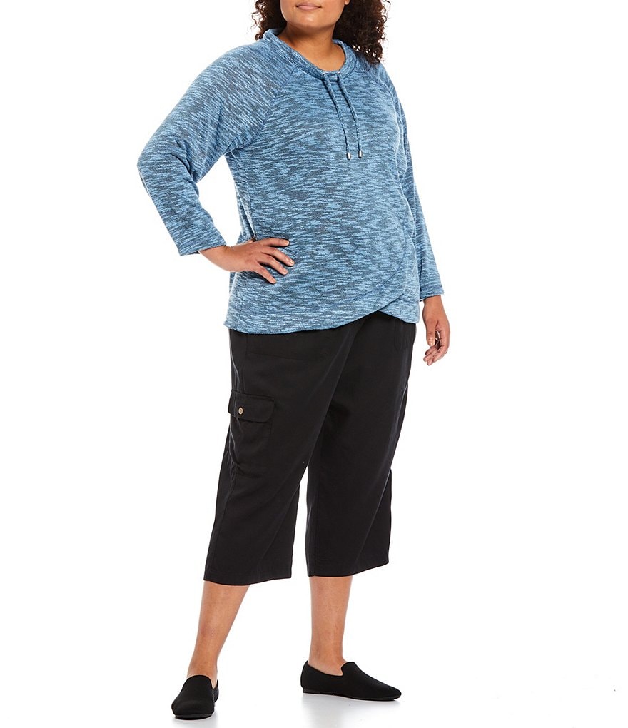 Ruby Rd. Plus Size Marled Slub Knit Drawstring Long Raglan Sleeve Cowl Neck Overlap Hem Pullover