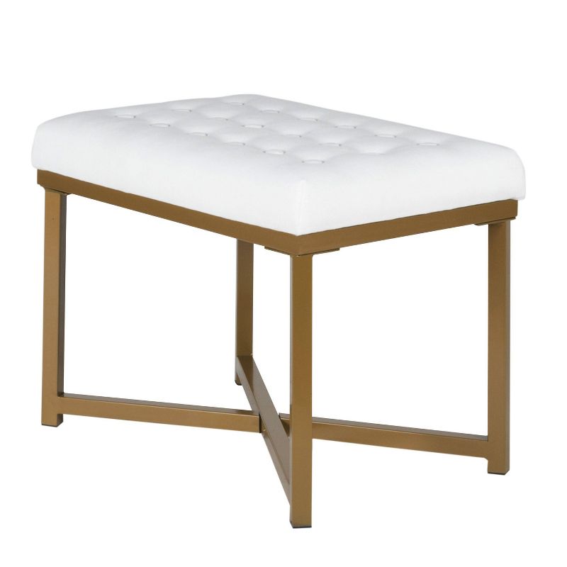 Metal Framed Bench with Button Tufted Velvet Upholste Seat White/Gold - Benzara