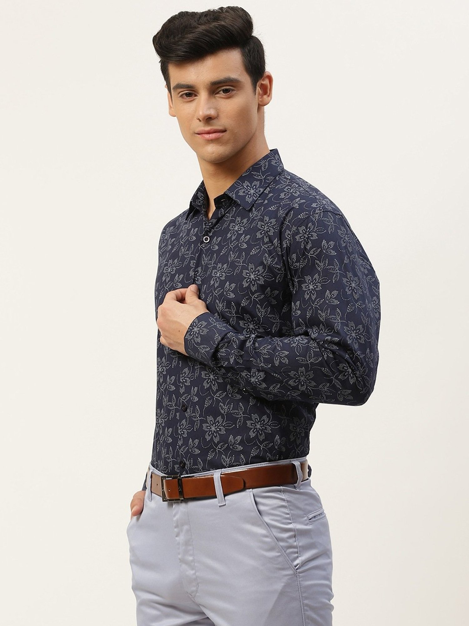 Sojanya Navy Cotton Regular Fit Floral Print Shirt