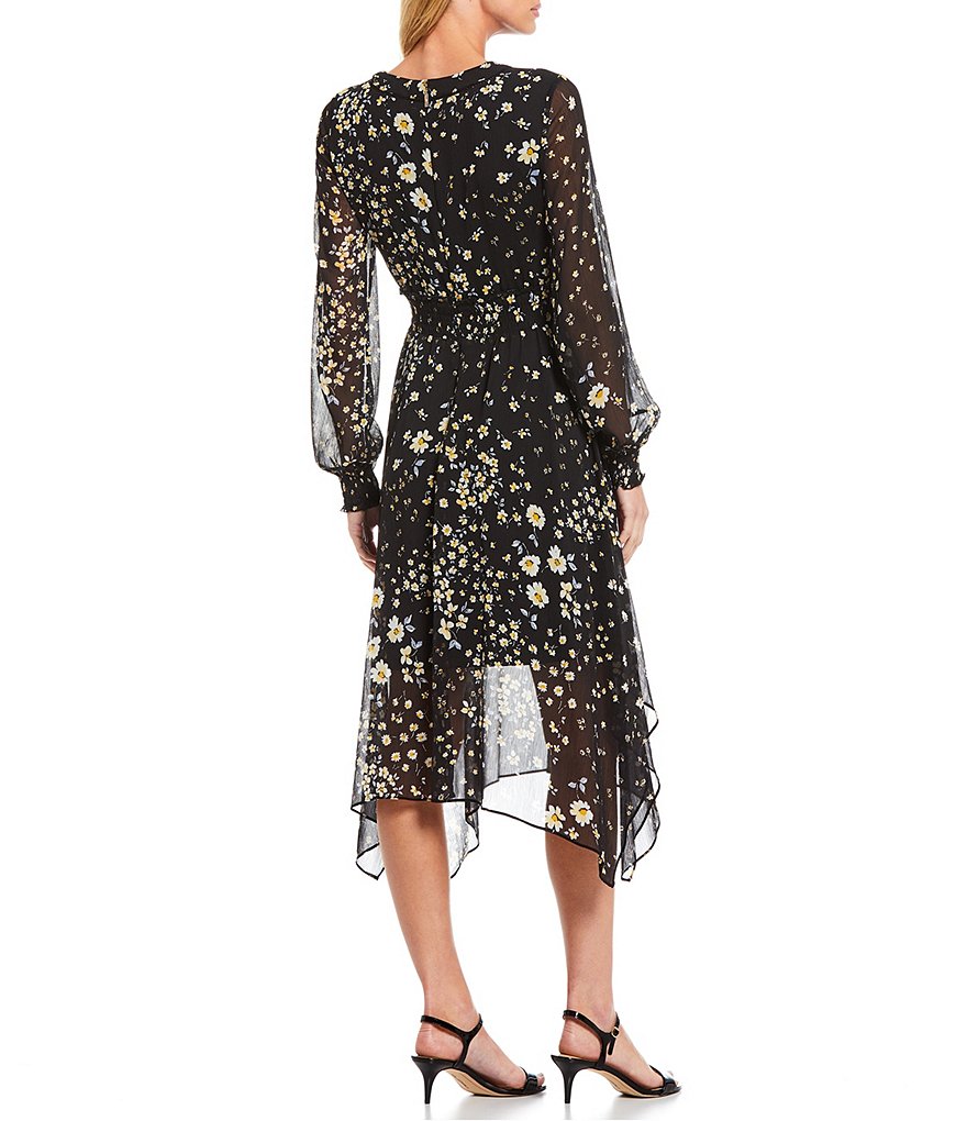 KARL LAGERFELD PARIS V-Neck Long Sleeve Floral Chiffon Midi Dress