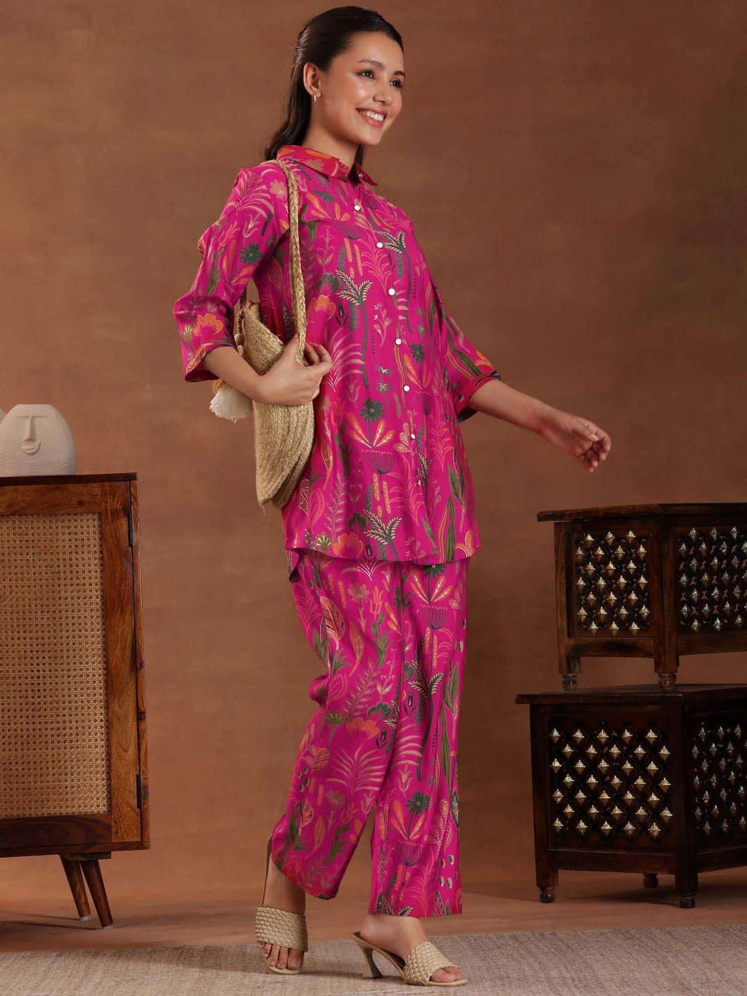 Libas Pink Printed Silk Blend Co-Ords